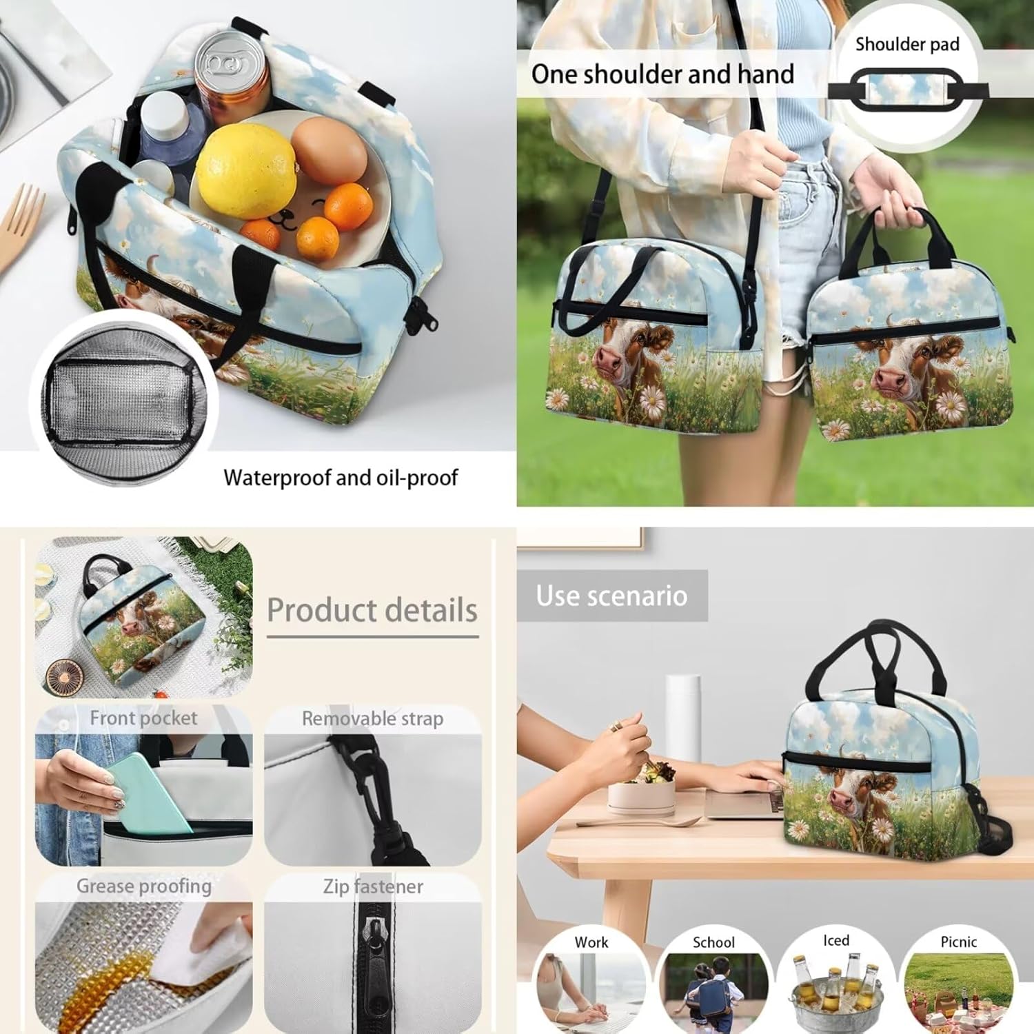 Kids School Backpack for Girls Boys Cow Daisy Print Kindergarten Middle School Bag Large Capacity Kids Backpack with Leakproof Lunch Box Pencil Case