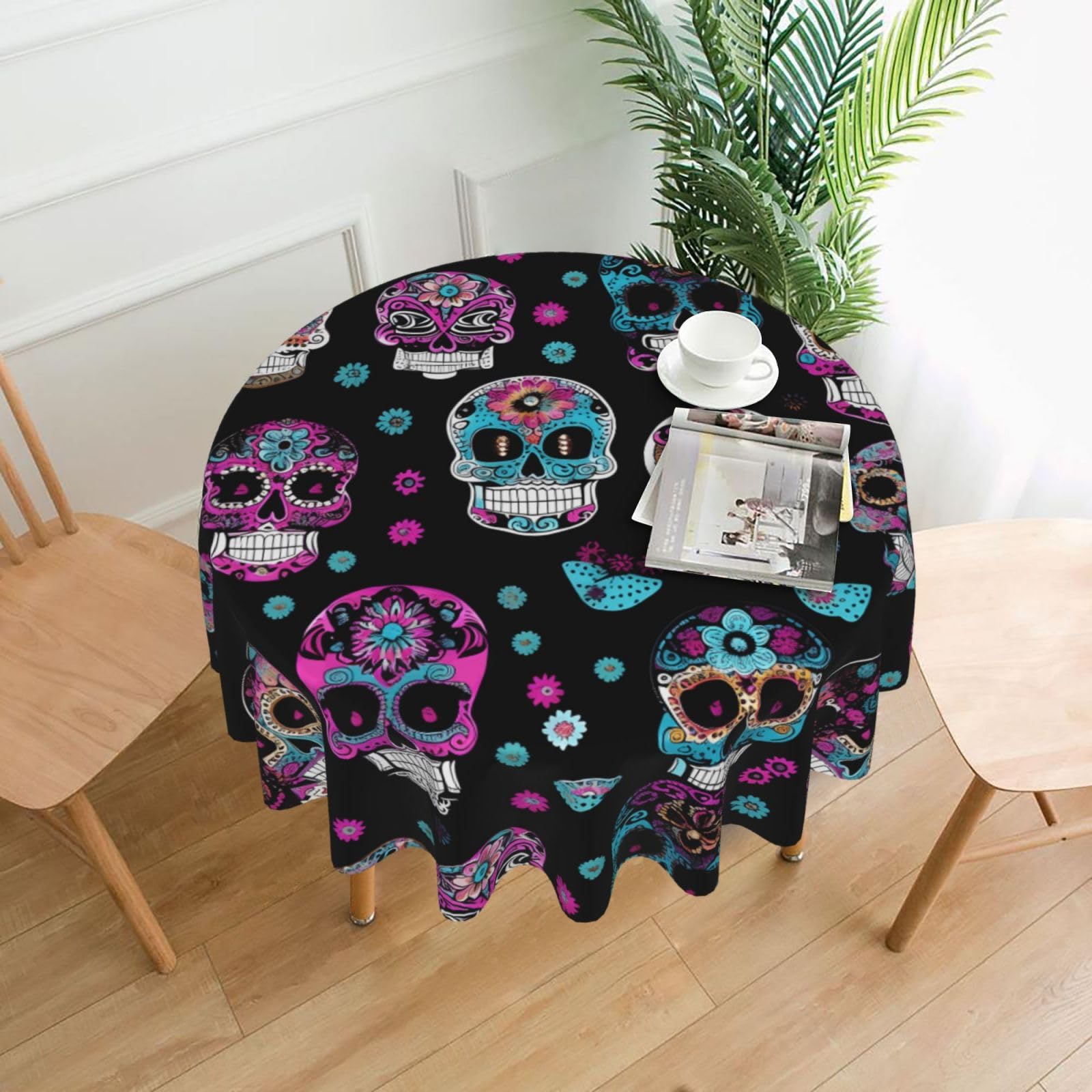 Nbtghga Colorful Skulls Print Print Tablecloth Round Border Table Cloth Cover Decorative For Party Holiday Dinning Tabletop Home