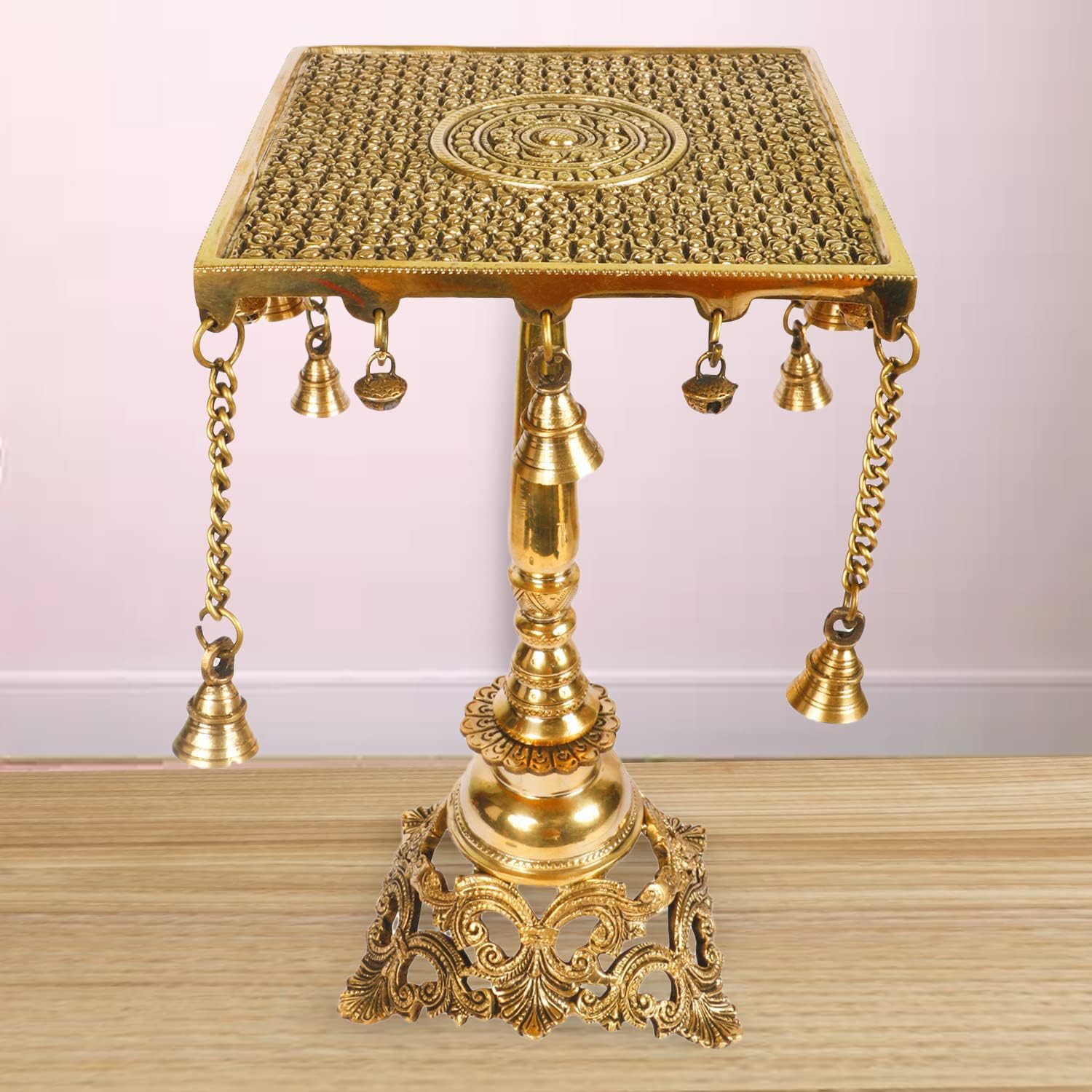 Brass Decorative Corner Table with Hanging Bells Showpiece | Home Decor Indian Traditional Stand - Bhagwan Murti Chowki Stand Temple Ethnic Design Antique Gold Color Size 8X8X15 Inch