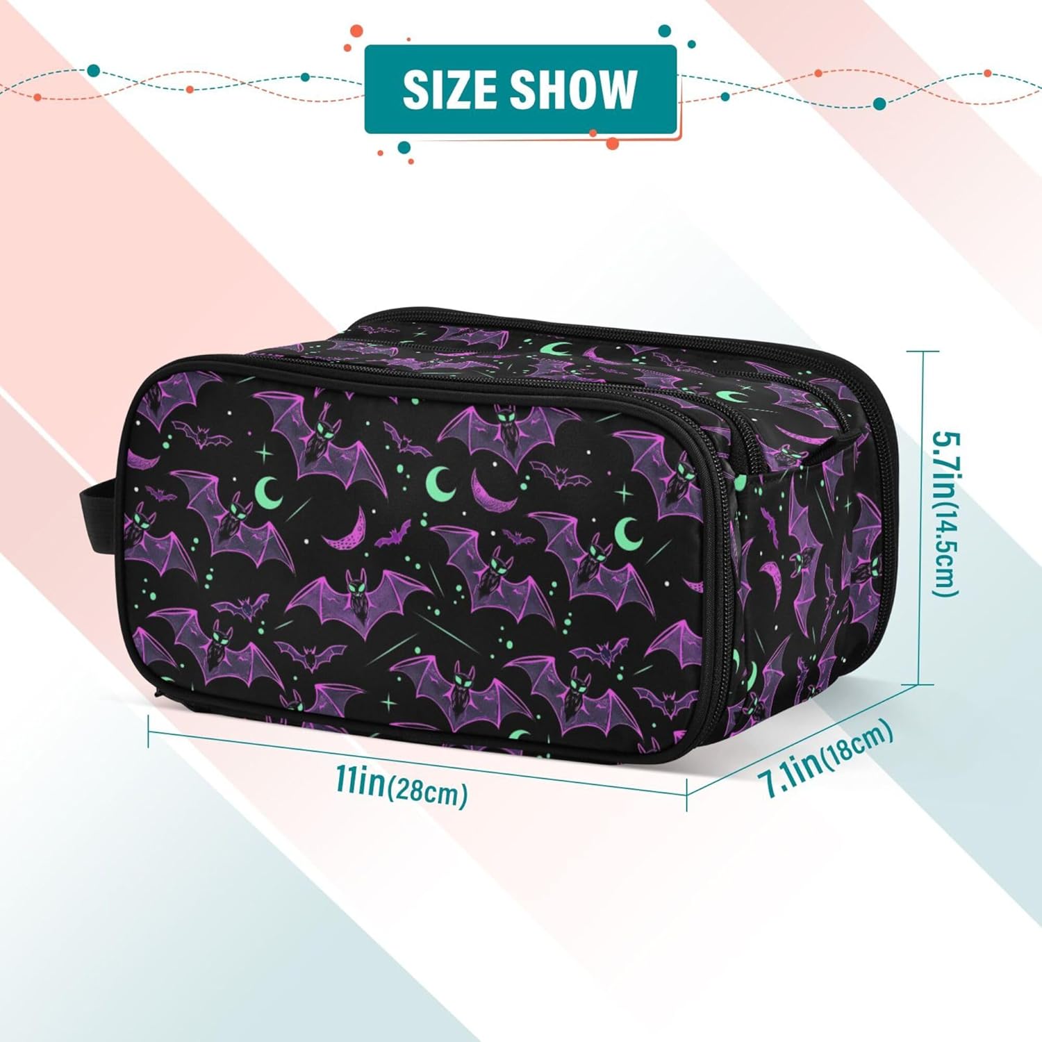 MNSRUU Large Capacity Makeup Bag, Neon Purple and Bats Stars and Moons Cosmetic Bag Portable Toiletries Pouch with Compartments Makeup Organizer Case for Travel Women