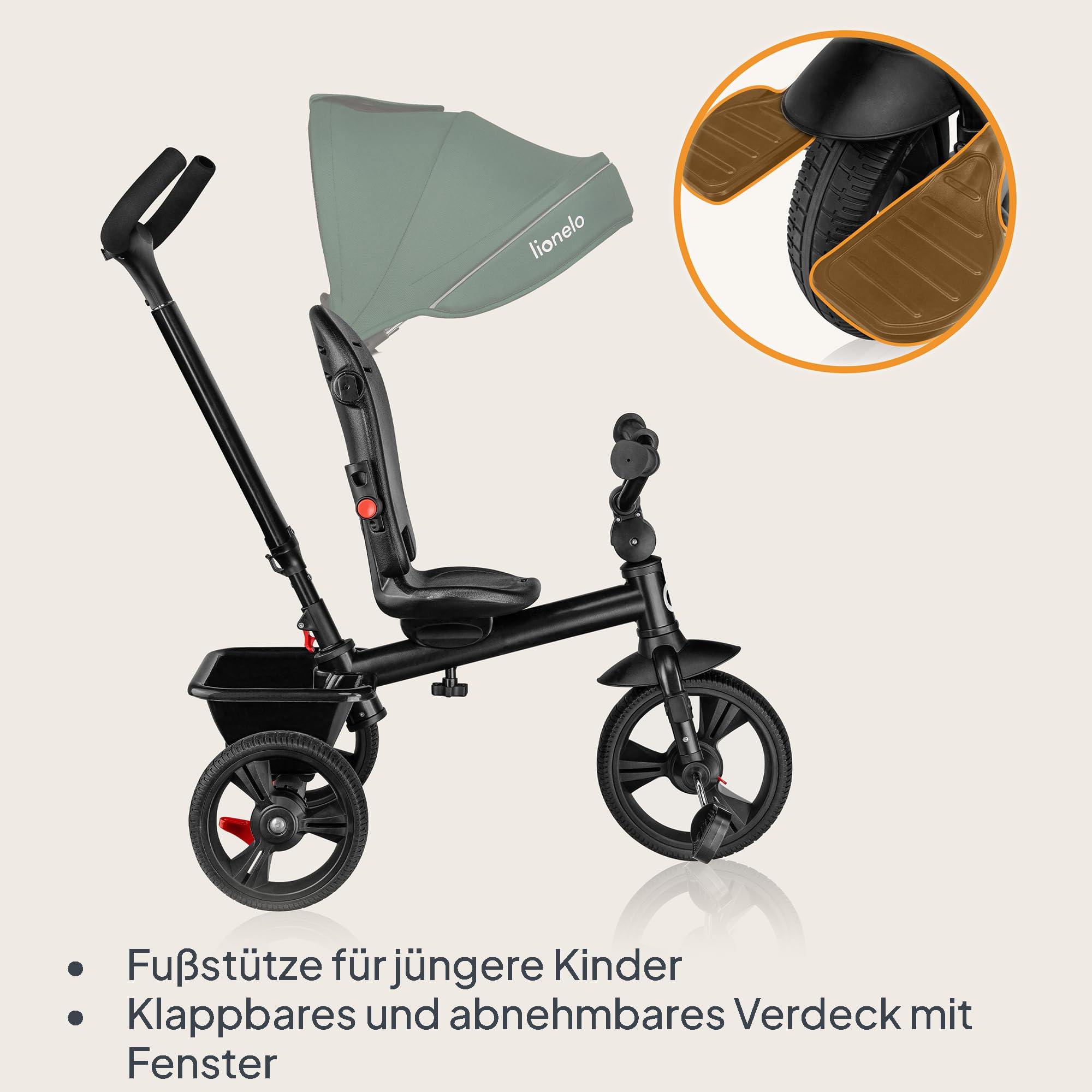 LIONELO Haari 2in1 Dreirad mit Schubstange ab 18 Monate bis 25kg, Vorwärts und Rückwärtsfahrt, schlauchlose Gummireifen, Freilauf geräumiger, Korb, Tasche, Getränkehalter
