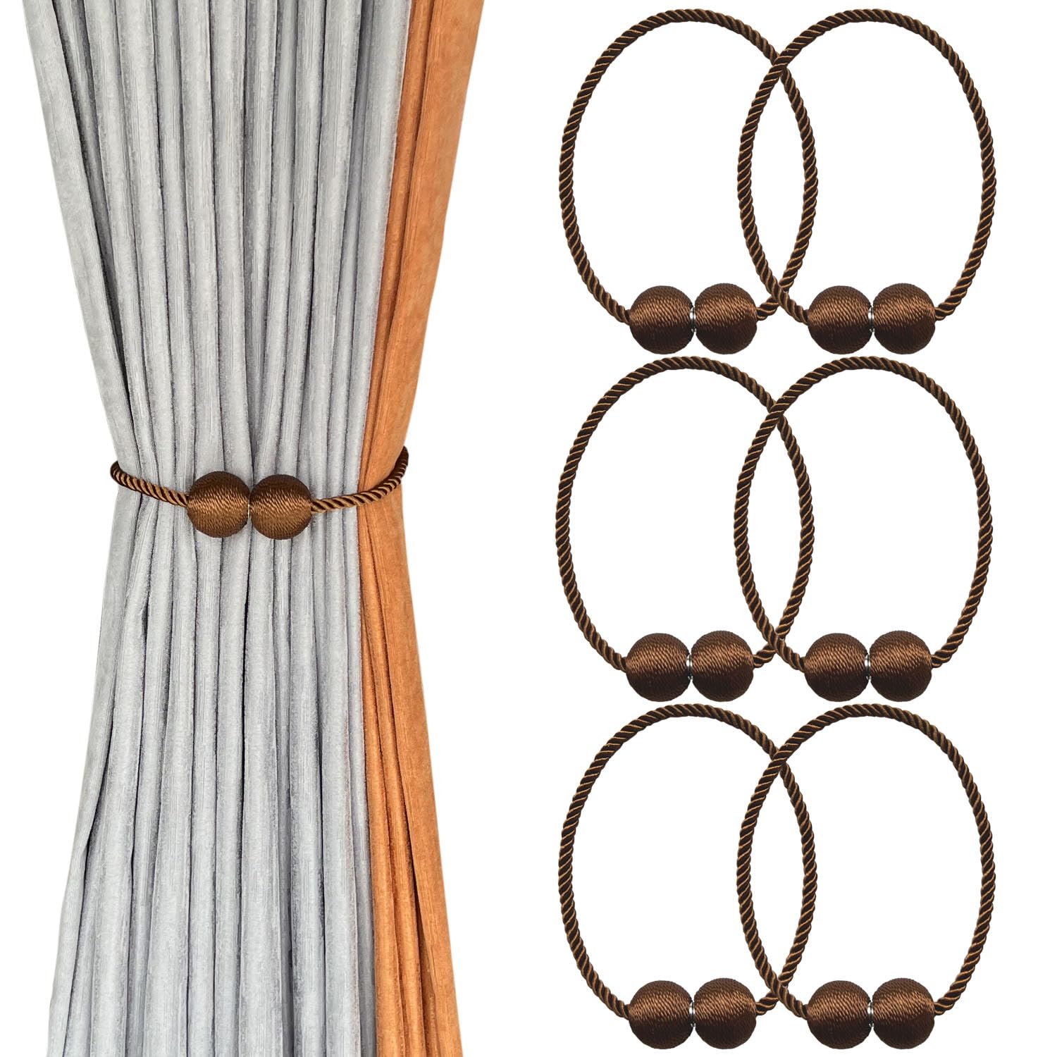 Alzapaños de cortina magnéticos duraderos con hebillas de soporte de cuerda café