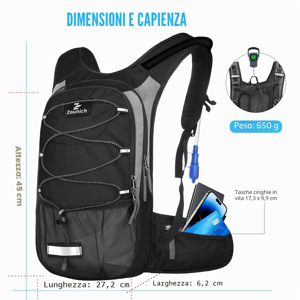 Zounich Zaino da corsa con scomparto termico, Zaino idrico con sacca d'acqua da 3 litri, Zaino da bicicletta, Zaino per escursioni, per corsa, ciclismo, campeggio, sci, attività all'aperto