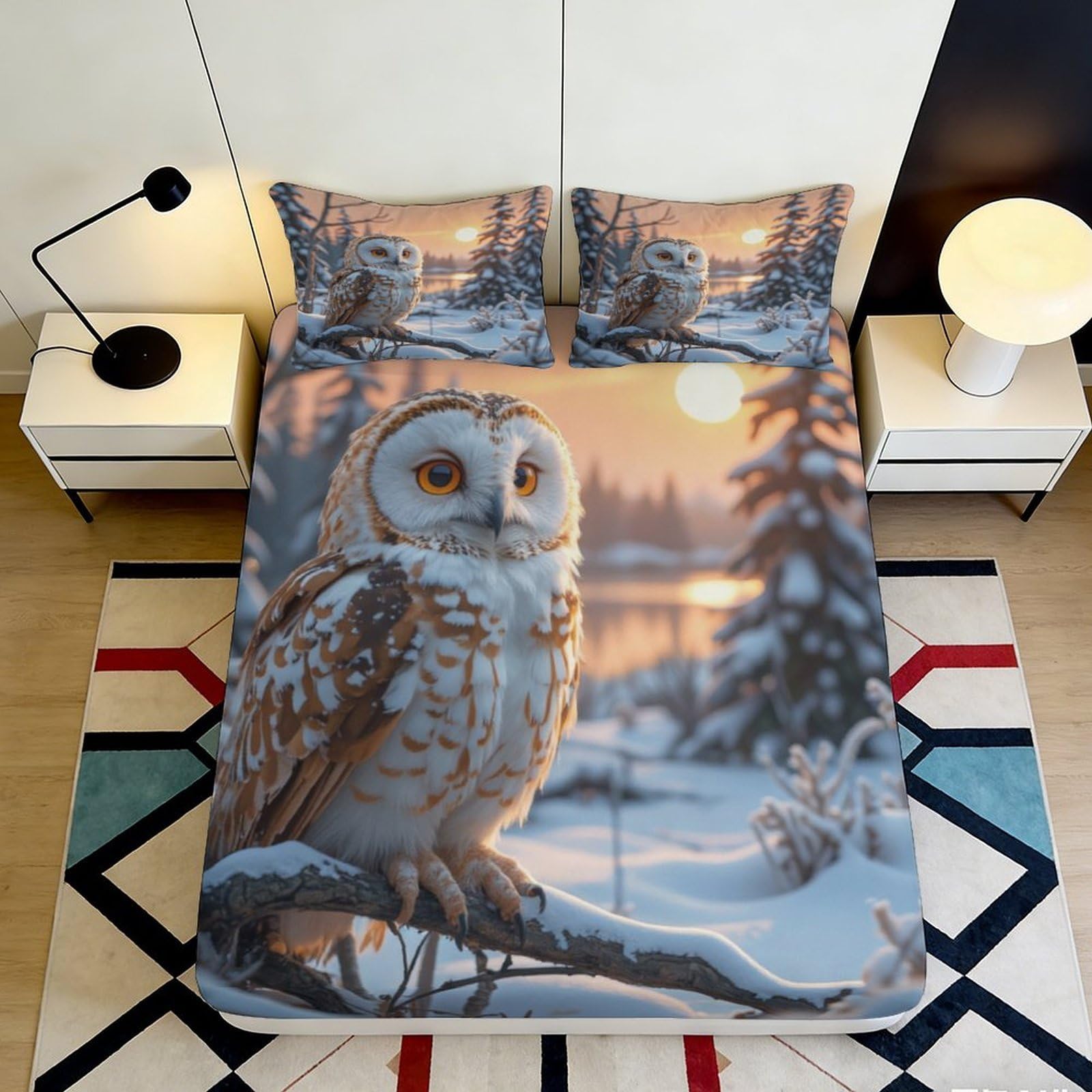 3D Printed Snowy Owl Fitted Sheet Microfiber Soft Breathable Winter Forest Bed Cover for Bedroom Dormitory Guest Room Mattress Protection Decoration 180x200x25cm