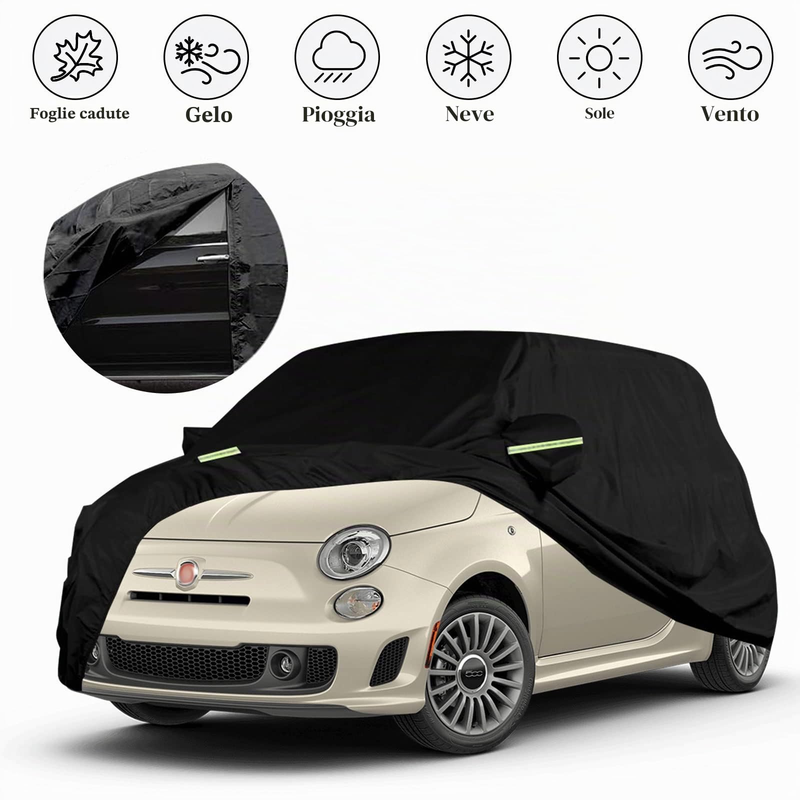 Copertura impermeabile per auto sostituisce per Fiat 500/500C/500E/Abarth 500 2007-2022, coperture per auto per tutte le condizioni atmosferiche con porta a cerniera