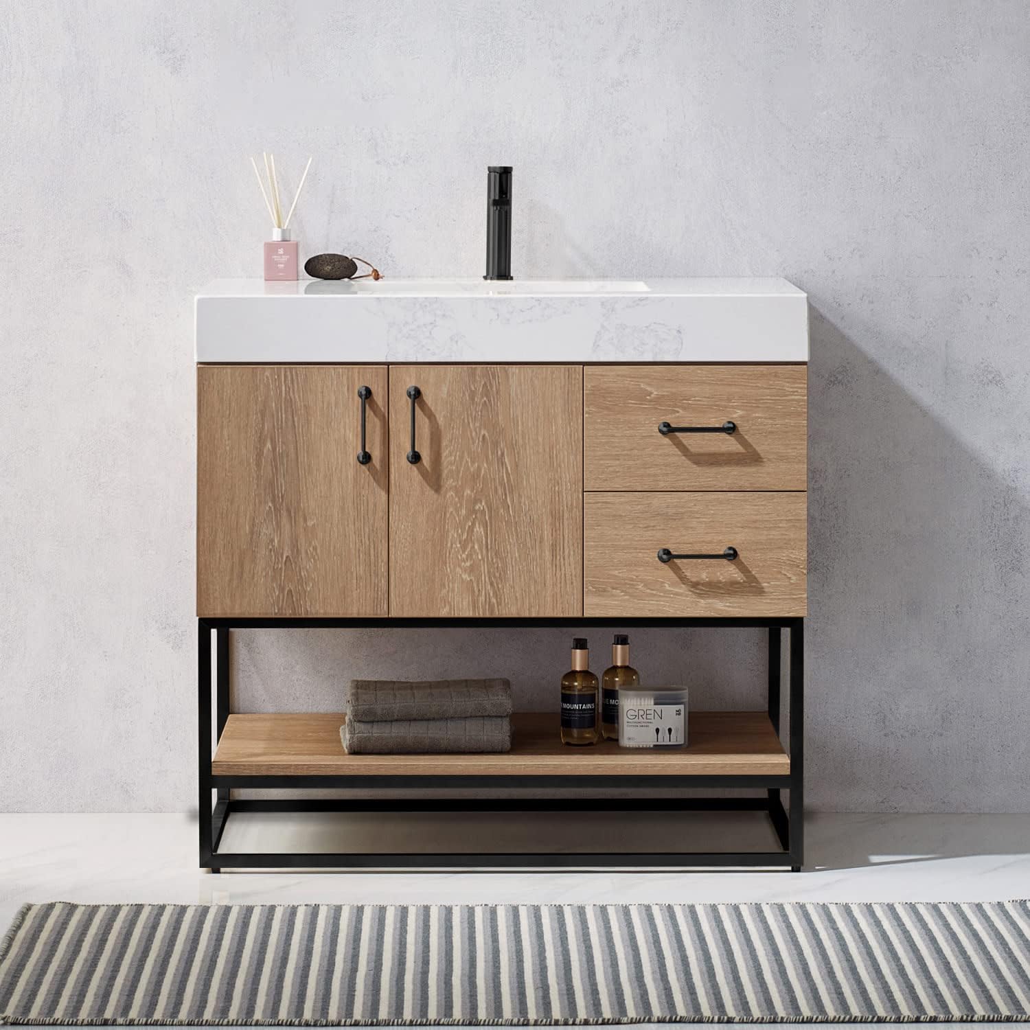 Miseno MV789036B-NM Alistair 36" Free Standing Single Basin Vanity Set with Cabinet and Stone Vanity Top with USB Port and Electrical Outlet - North American Oak