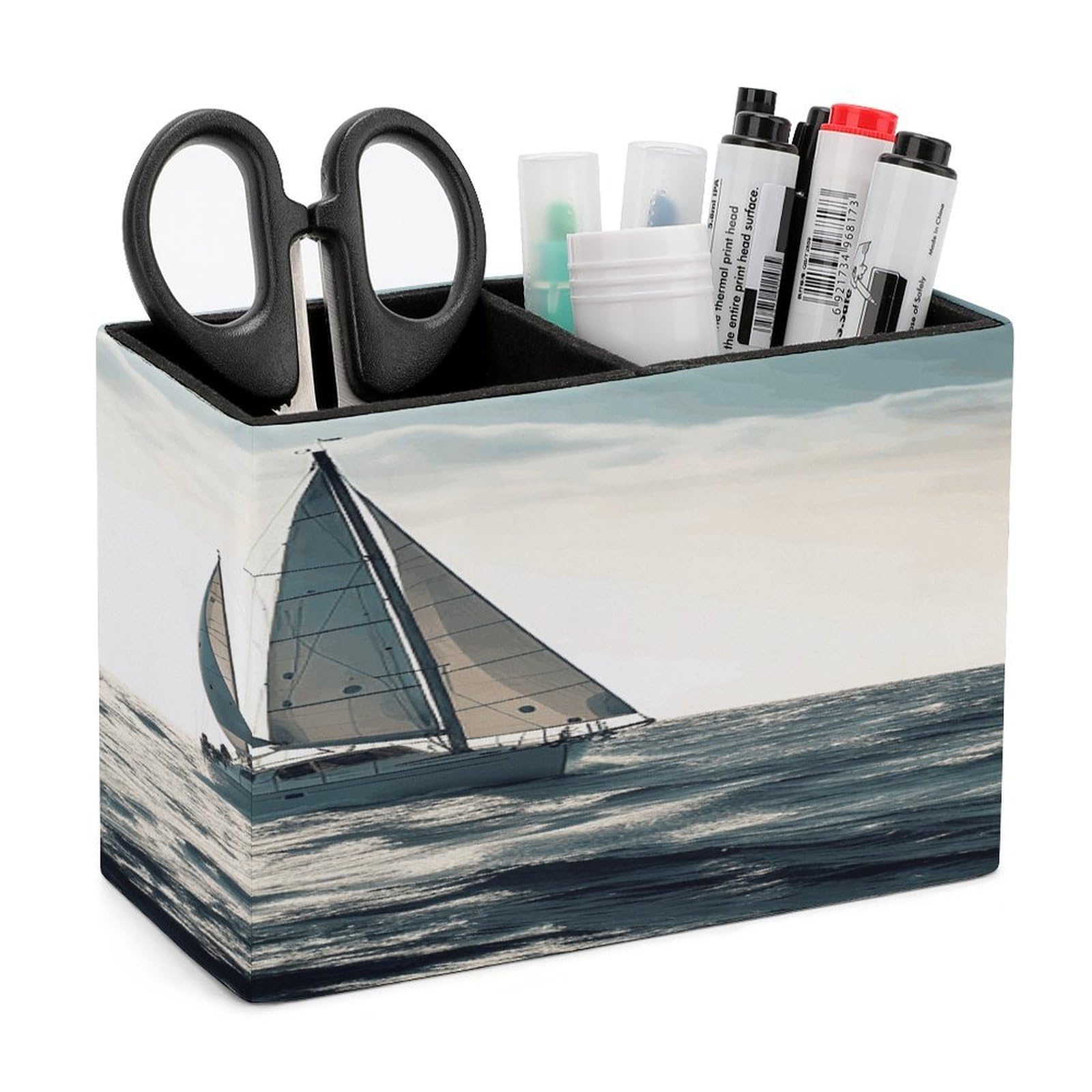 VstaDank Ocean Sailing Pen Holder Double Compartments Pen Cup Fashion Makeup Brush Holders Leather Pencil Holder for Work Locker Accessories Modern Pencil Cup for Desk Organizer