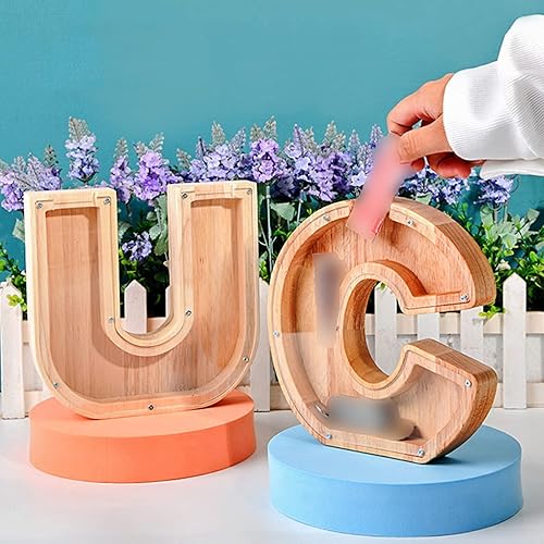 Miniatura 50 de Alcancía de madera con letras para niños y niñas, 26 letras del alfabeto, personalizadas, caja de ahorro de dinero transparente, regalo creativo