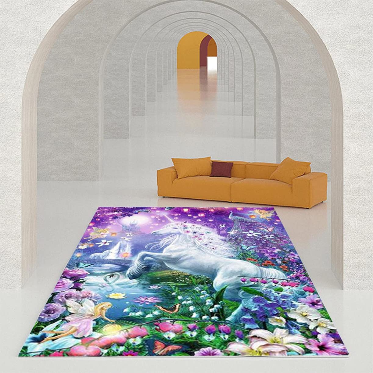 Tapis de chevet licorne ciel étoilé rose pour chambre enfant