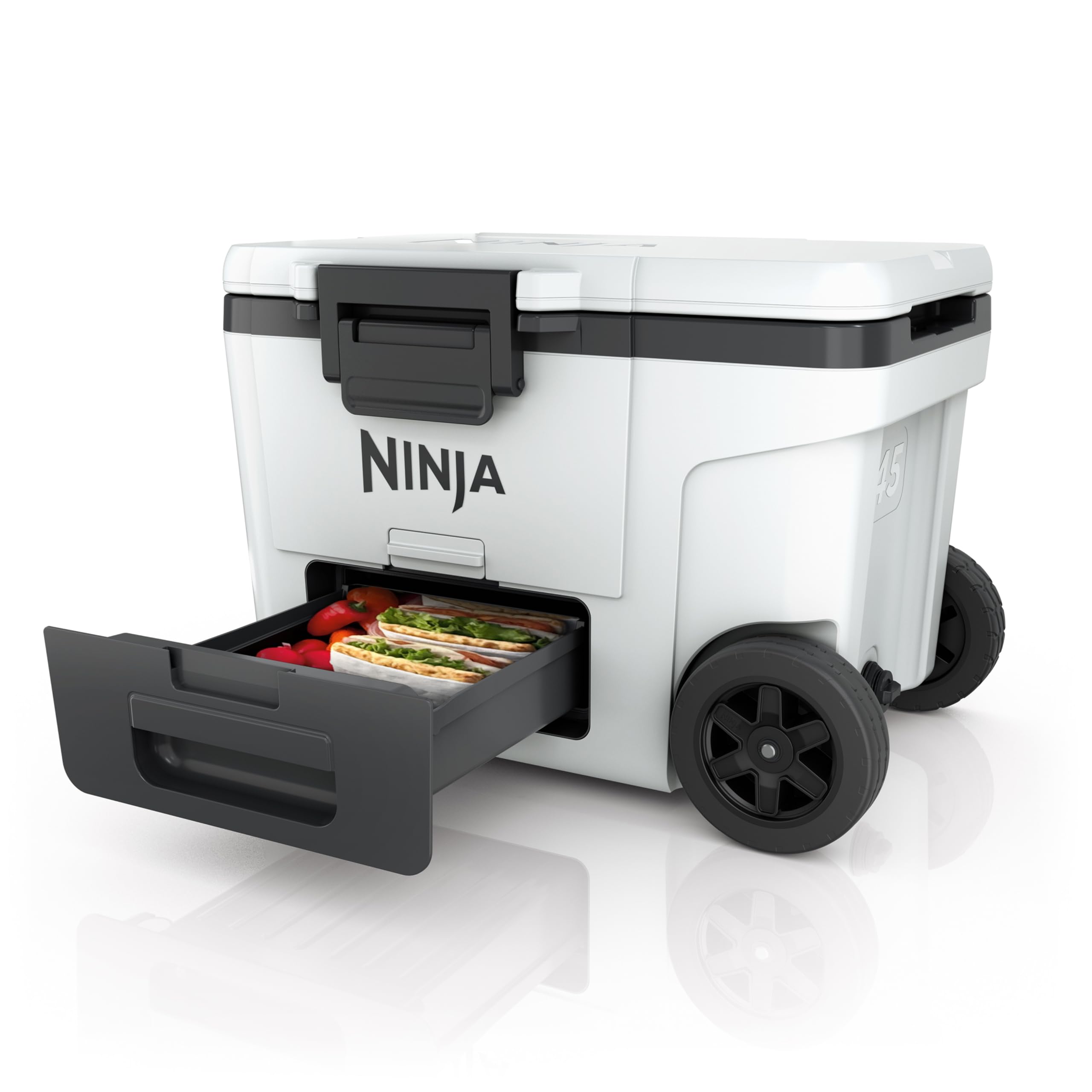 Ninja FrostVault, Nevera Portátil Rígida, Blanco Nube, FB245EUWH | Con Ruedas y Cajón Dry Zone Integrado a Temperatura de Frigorífico, Mantiene el Hielo durante Días, Capacidad para 68 Latas