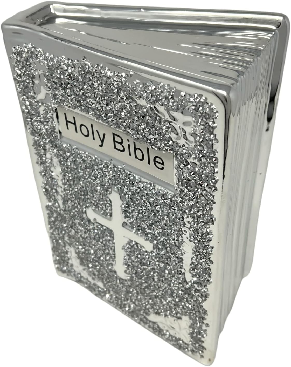 Crushed Diamond Silver Holy Bible Book Sparkle Ornament, 25cm, Bling Home Decor, Crystal Ceramic, Christian Decoration Gift
