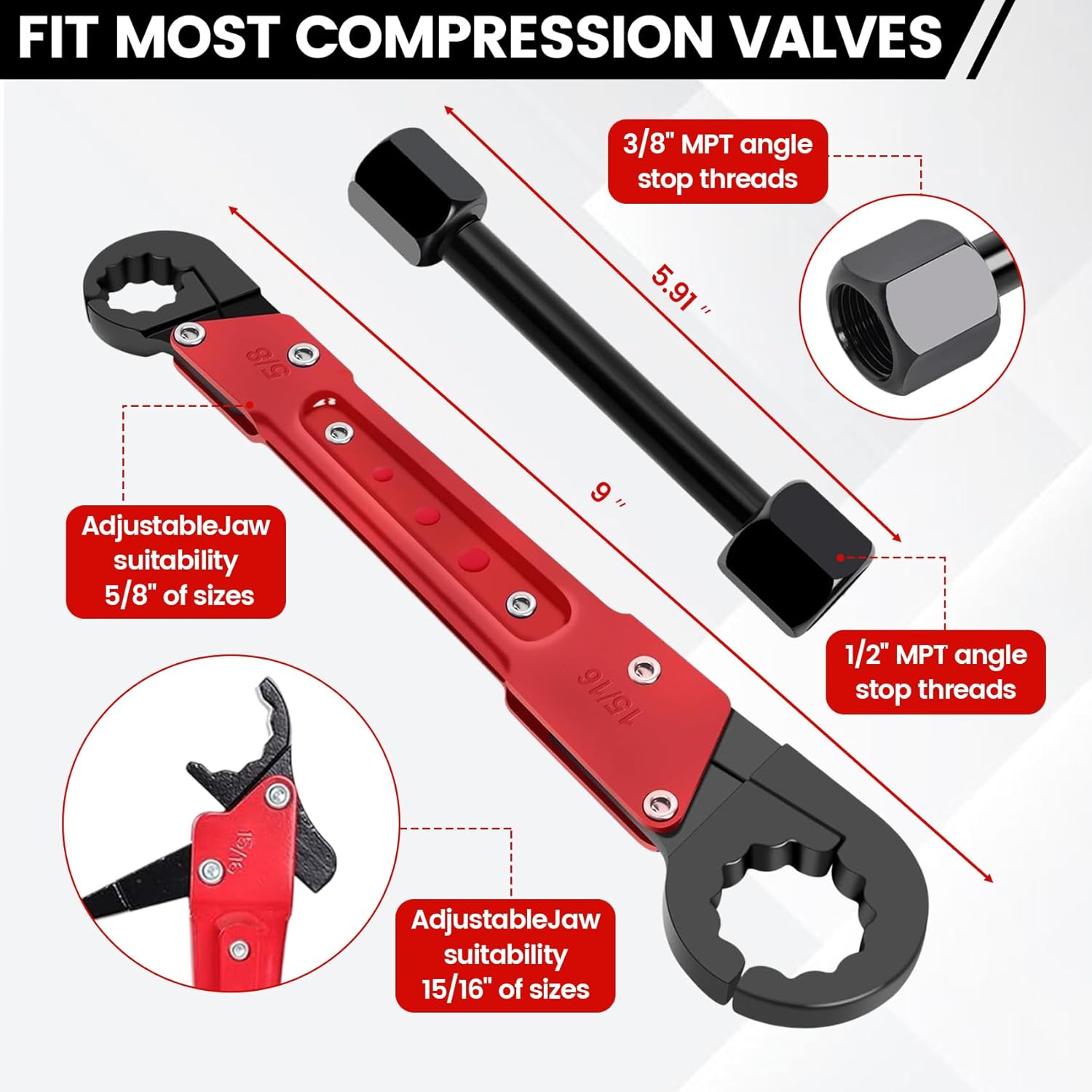 6 Pcs Plumbing Tools Kit with Angle Stop Wrench & 1/2-Inch Compression Sleeve Puller, Professional Plumbers Wrench, Sandpaper and Storage Bag for Frozen/Corroded Angle Stop Valves