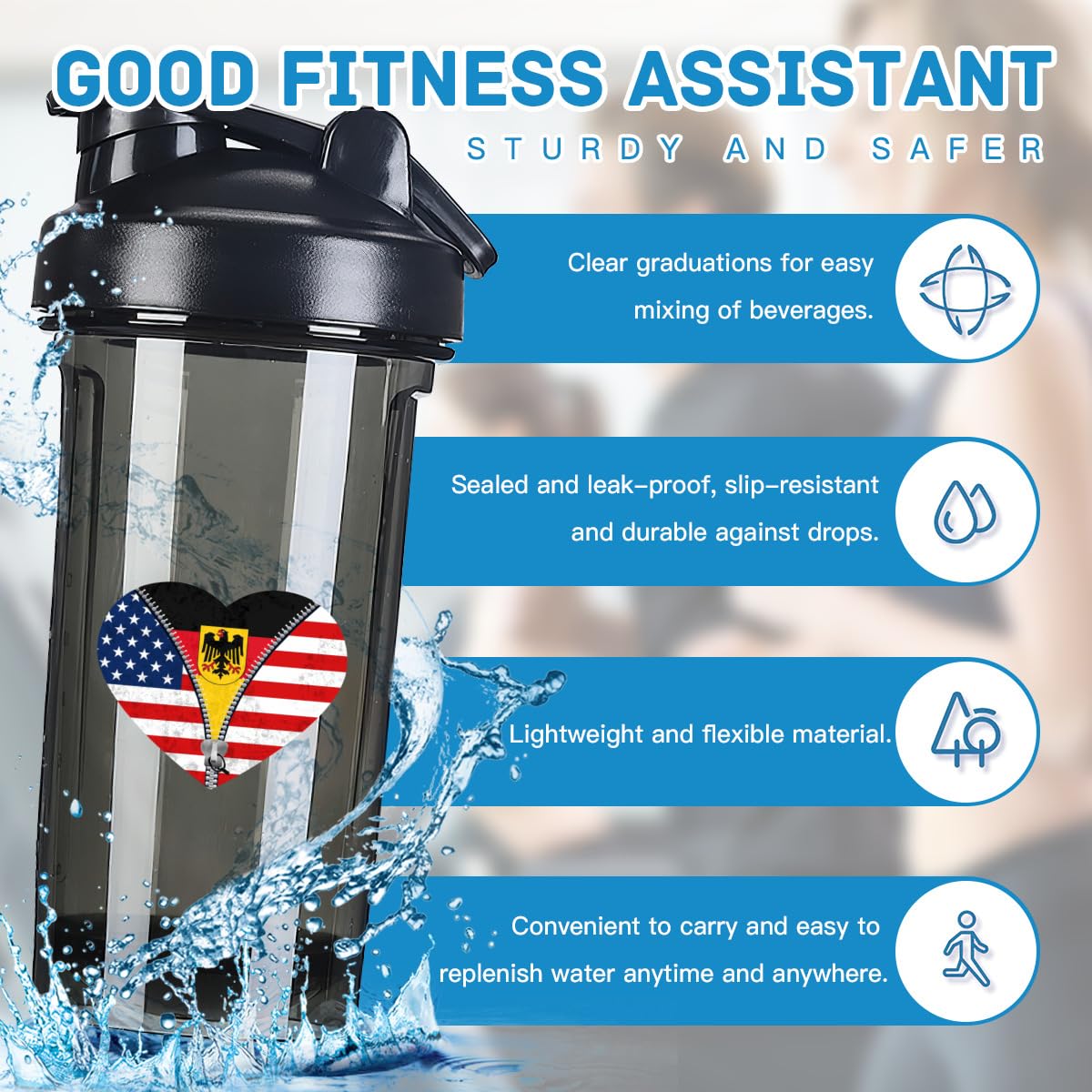 Heart America Flag and German Flag 18 Ounce Shaker Cup,Fashion Theme Pattern Shaker Bottle Leak-proof Workout Shake Bottles 500ML/18 oz Perfect for Pre Workout