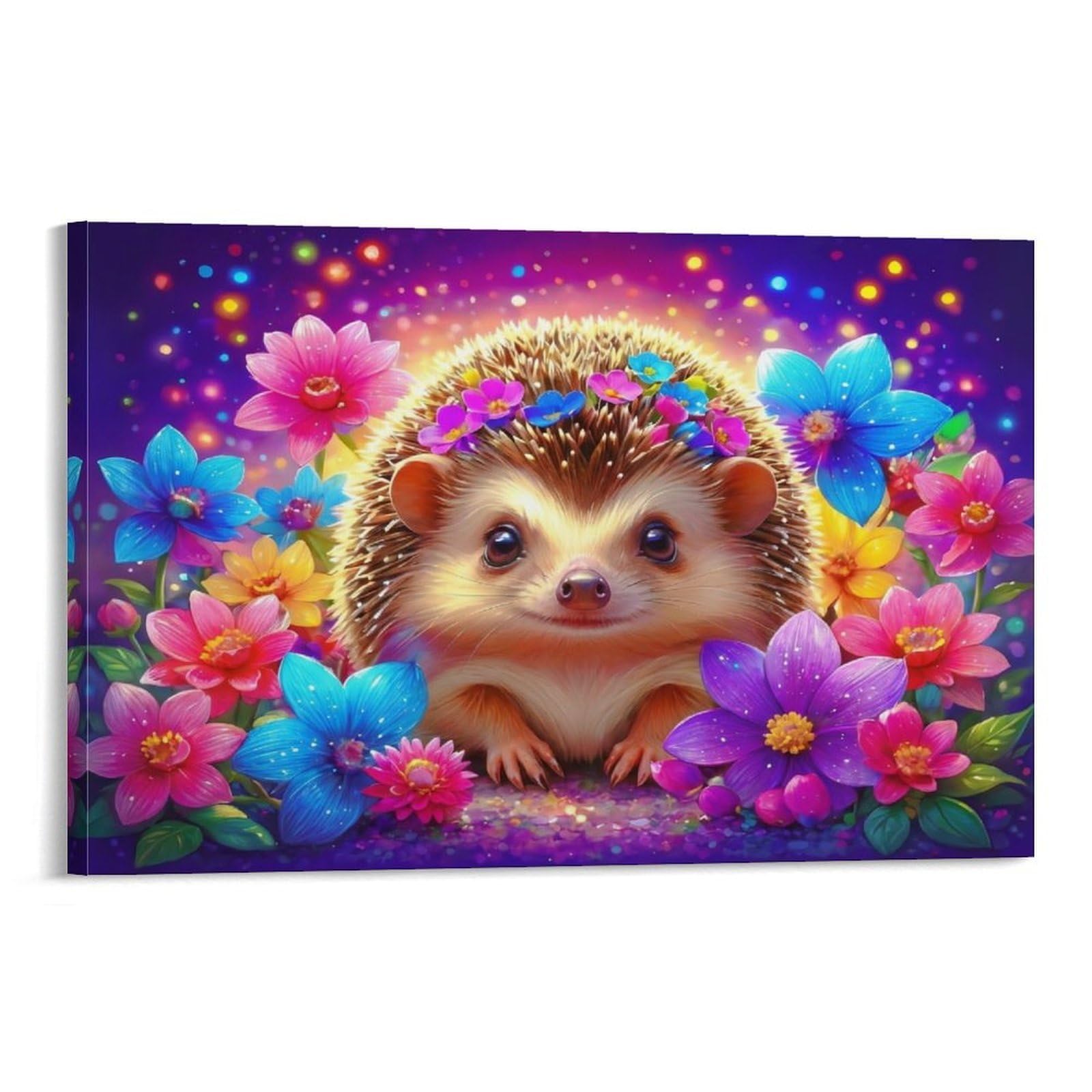 Cplvkwrqj Frame-Style-4 Cute Hedgehog Floral Single Piece Hedgehog Colorful Flower Crown Framed Canvas Print - Bedroom Statement Piece Easy To Clean Ready To Hang 20X30inch(50X75cm)