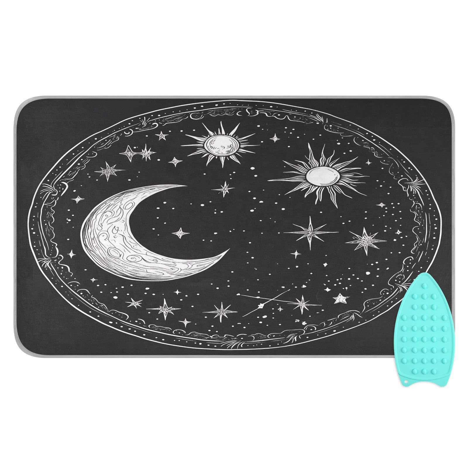pnyoin Portable Ironing Mat Dark Celestial with Moon Travel Ironing Pad with Silicone Iron Rest for Steam Pressing on Tabletop or Bed Heat Resistant Portable Quilting & Travel Blanket
