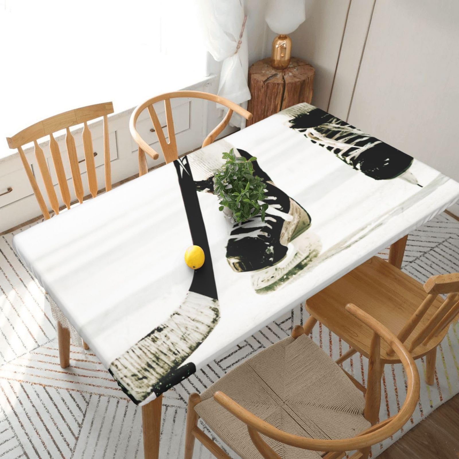 DCEHGEW Elastic Fitted Rectangle Tablecloth for 5ft Tables, Ice Hockey Pattern Printed Oilproof & Washable Fabric Picnic Table Cloth Table Covers
