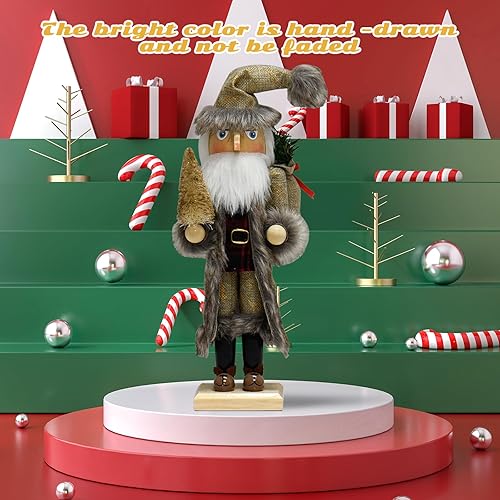 Miniatura 6 de Cascanueces de Papá Noel Figuras de cascanueces de madera hechas a mano de 15 pulgadas con sombrero de Navidad, mochila de regalo, mesa temática de