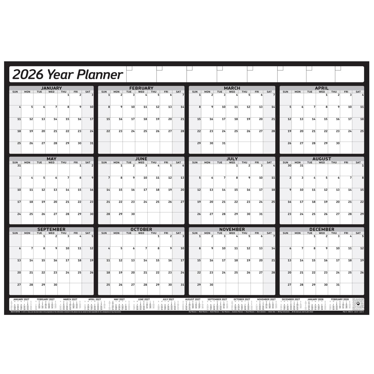 2026 Yearly Wall Planner Calendar, 12 Months, January - December, Unmounted Unlaminated (2026 Black Large Folded)