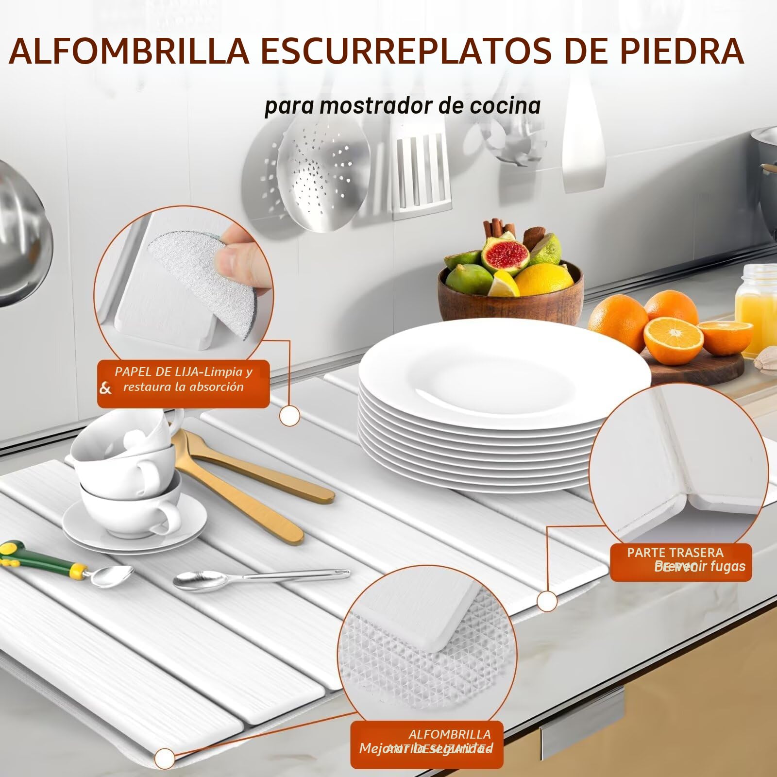 Tapete de piedra de secado para encimera de cocina, tapete antideslizante de tierra de diatomeas plegable rápido para encimera de cocina, baño y ducha. (blanco)