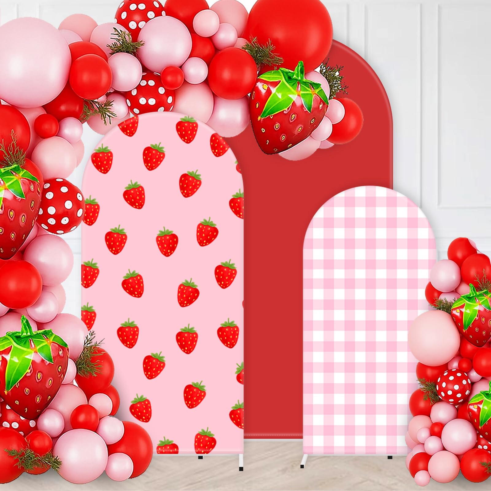 Photo 1 of ***STOCK PHOTO FOR REFERENCE ONLY***SEE PICTURES**JarThenaAMCS 3 Pcs Strawberry Theme Arch Backdrop Covers Pink Plaid Arch Stand Fabric Cover for Birthday Baby Shower Gender Reveal Party Decoration (4ft/5ft/6ft)