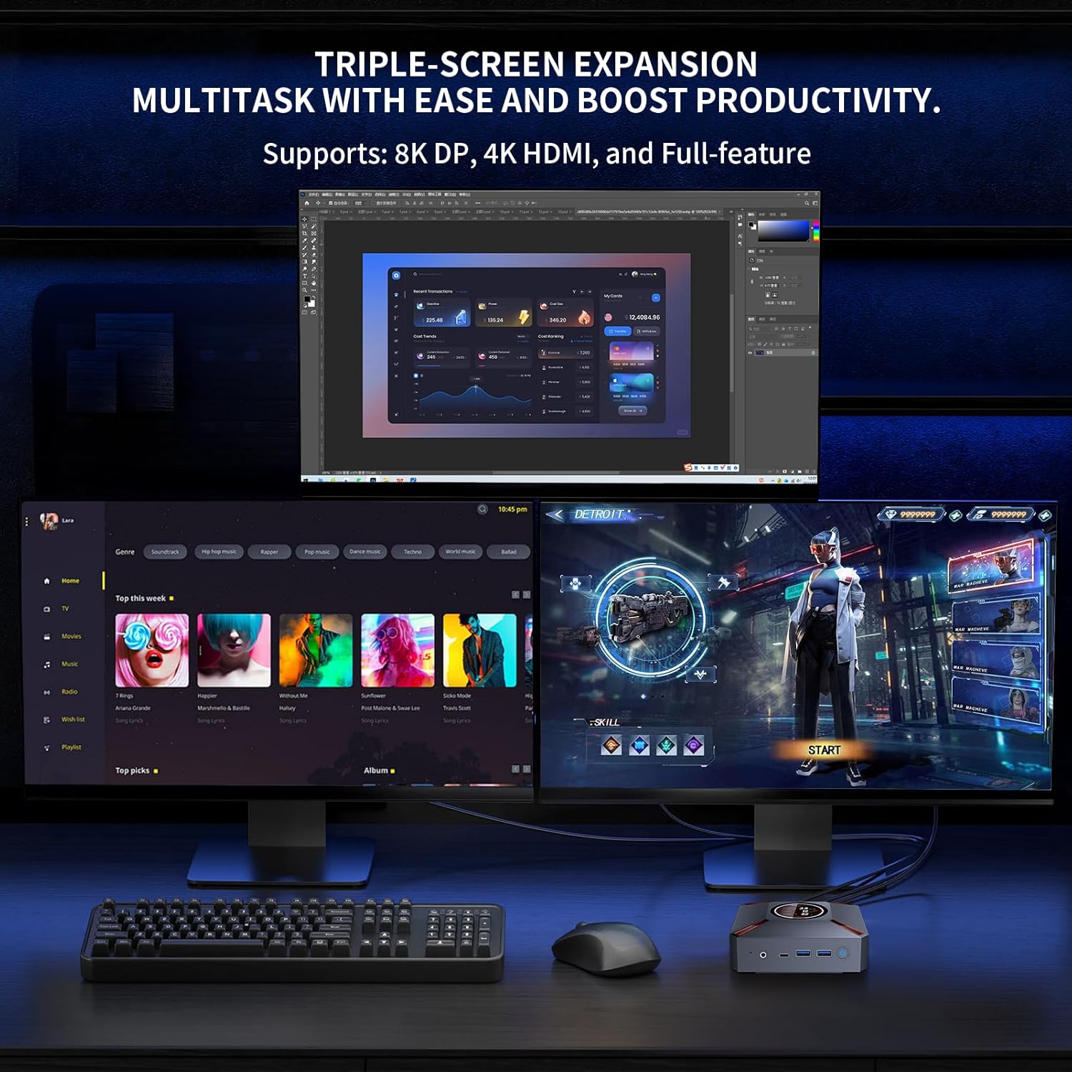KOOSMILE Mini PC connected to three monitors for triple screen expansion