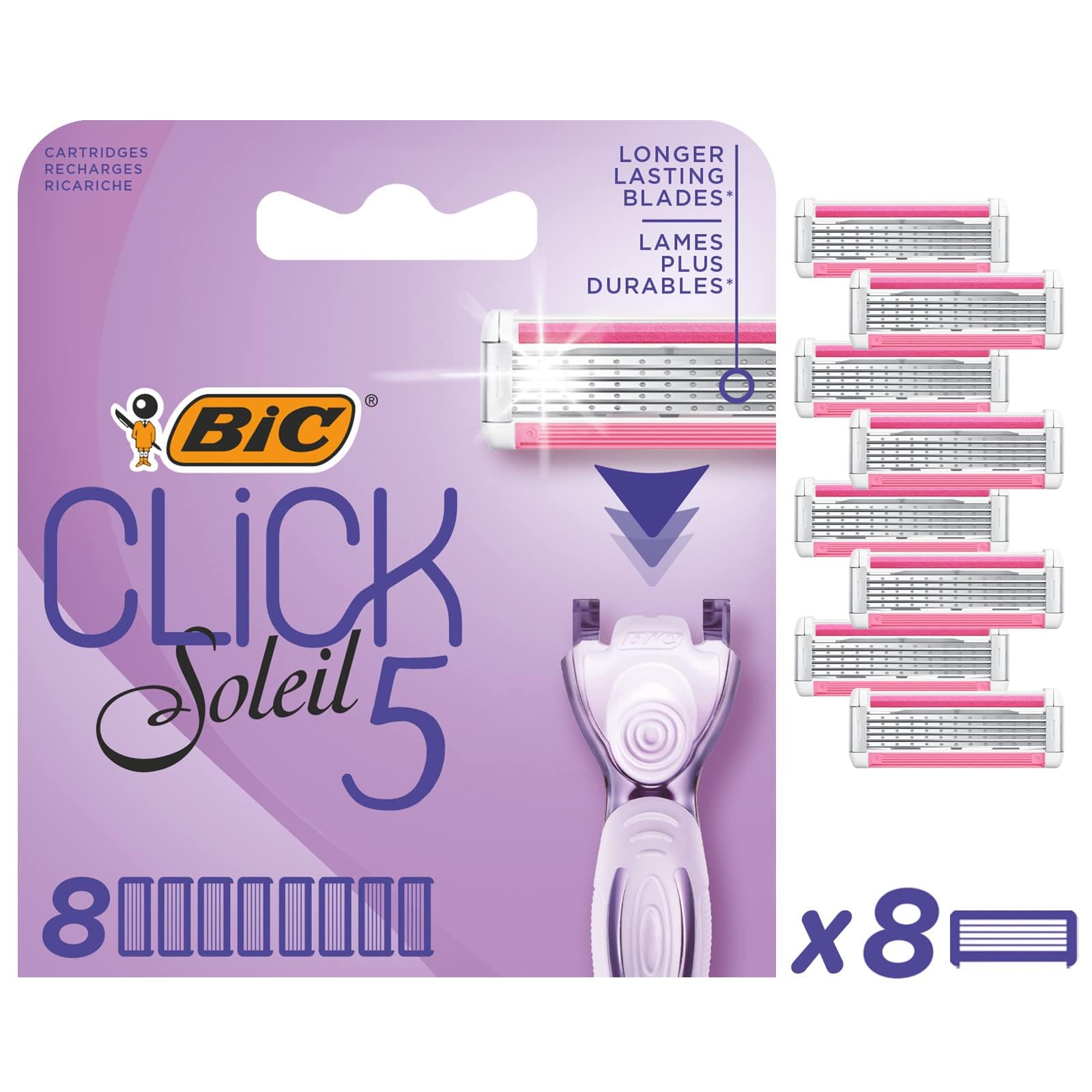 Bic Click 5 Soleil Women's Razor Refills, 3 Moveable Blades and Lubricating Strip - Box of 8 Cartridges, Purple, 8 Count (Pack of 1)