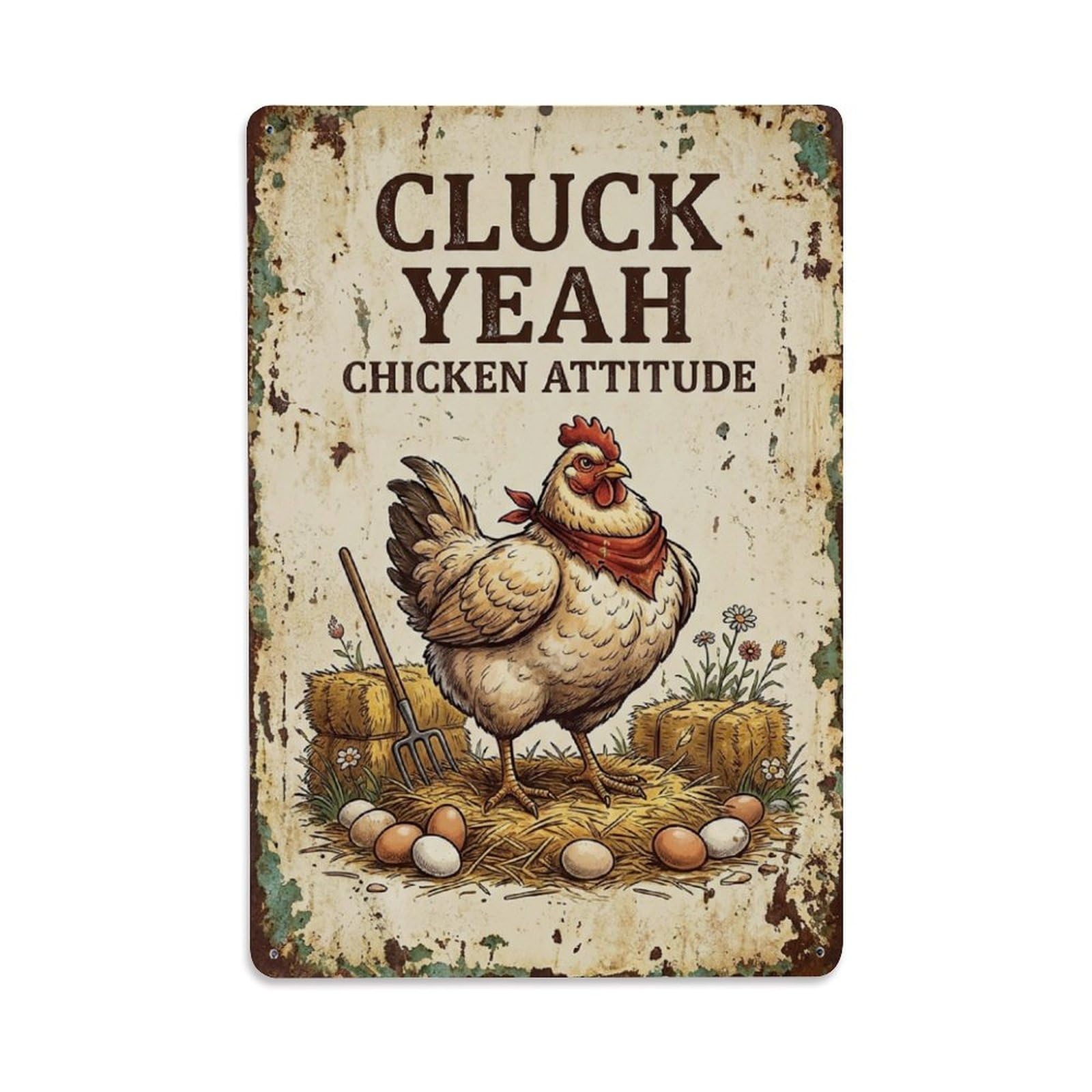 Okngb Style Whimsical Chicken Farm Animal Saying Illustration Motto Metal Tin Sign Plaque Wall Decor For Cafe, Man Cave, Club Bar, Office, Home Garden Round Metal Poster 8X12inch