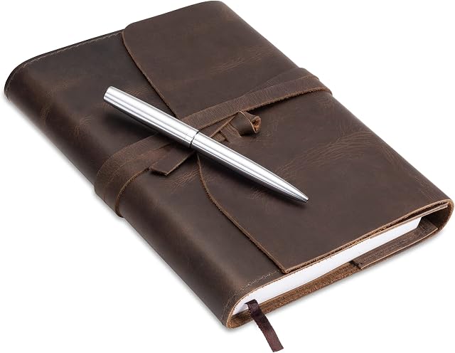 Leather Journal Refillable Notebook, Writing Journals for Women, Mens Journal Leather Notebook Cover with Pen, Leather Bound Lined Paper A5 Travelers Diary, Vintage Writing Travel Journal MOONSTER®