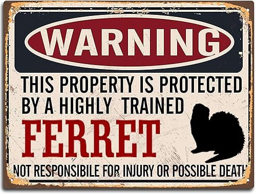 Divertido letrero de advertencia de hurón de advertencia de propiedad protegida por hurón retro, letrero de aluminio vintage para decoración de