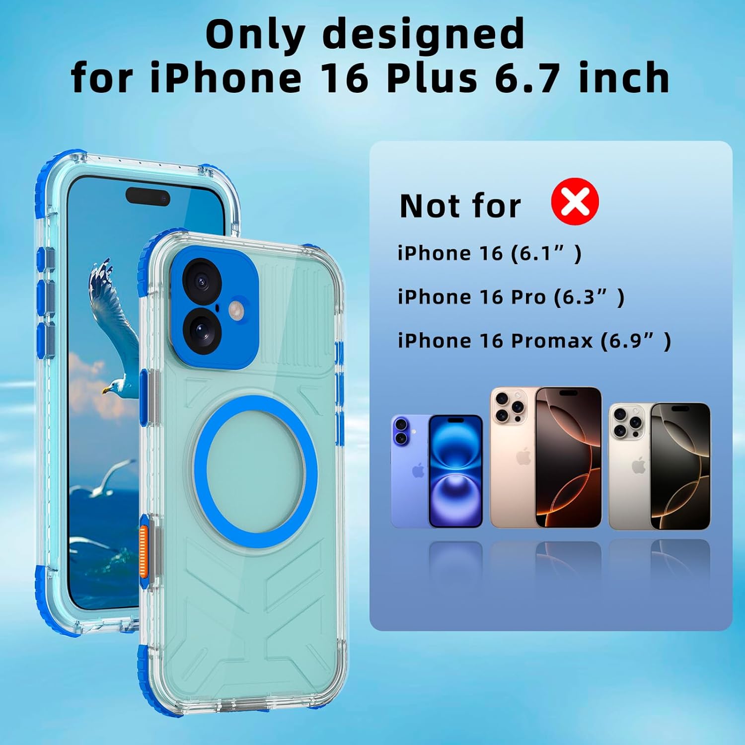 Waterproof Case Matte for iPhone 16 Plus 6.7 inch, Built-in Screen Protector, 360 Full Body Heavy Duty Protection, Shockproof & Dustproof Cell Phone Cover, Cruise Ship Essentials, Blue-Side