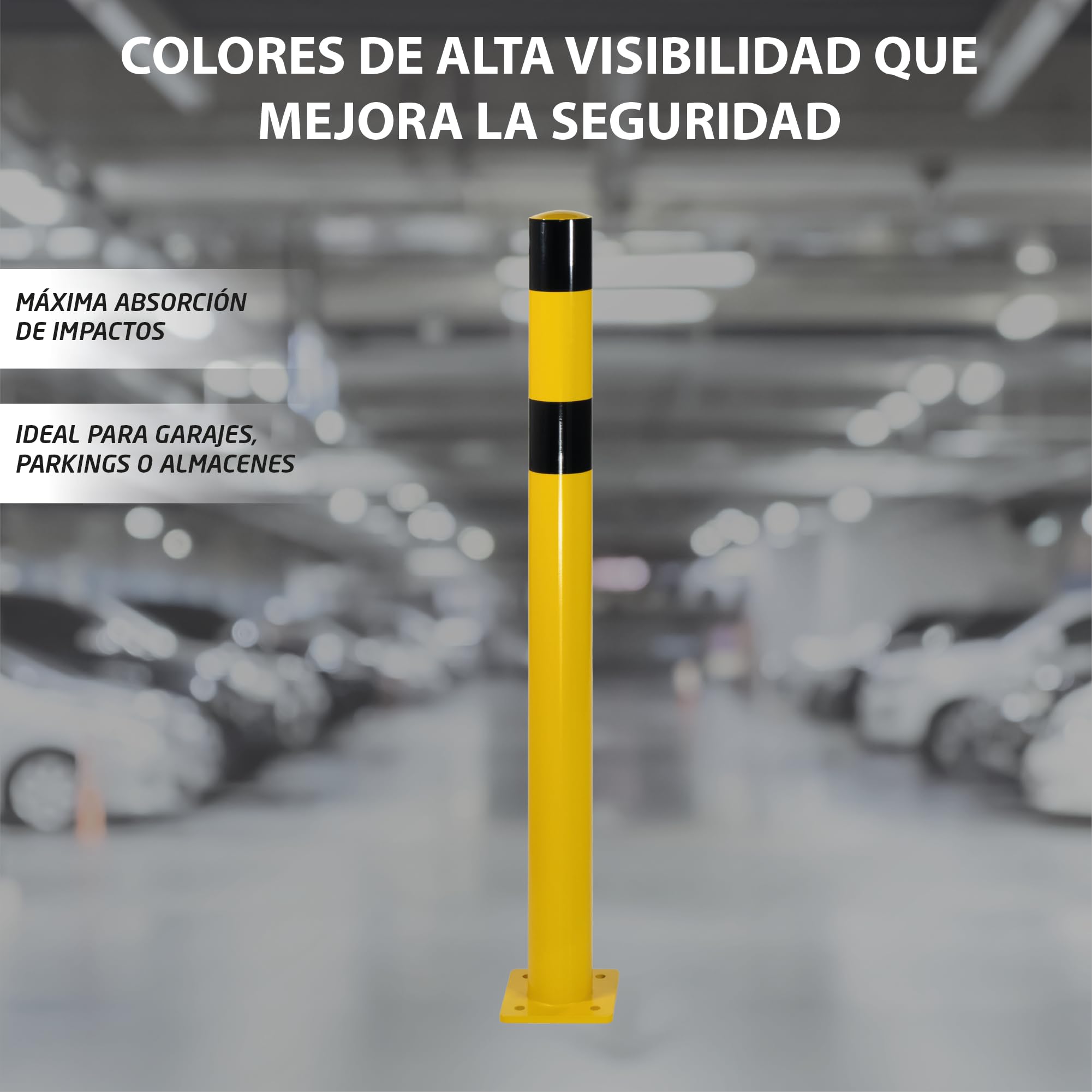 Bolardo Metálico Amarillo con Bandas Negras – Poste de Protección para Parkings, Almacenes y Zonas Industriales – Tope de Seguridad para Vehículos, Áreas de Carga y Control de Accesos (1)