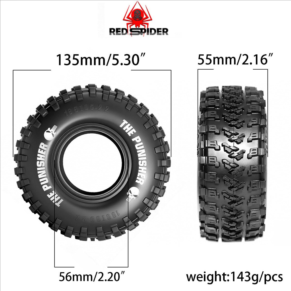 4 szt. 2,2 '' gumowe koła do opon 135 x 55 mm RC części zamienne do 1/8 MJX CROSSRC X3 YIKONG YK4082 AXIAL AXP8 Crawler RC Car