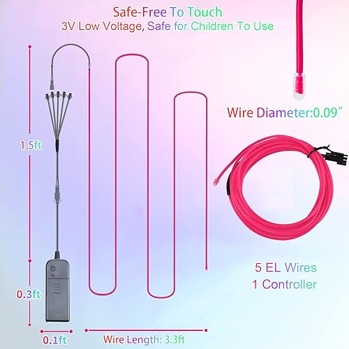 Miniatura 6 de Tira de luces de neón portátil 5 en 3.3 ft EL Wire, paquete de batería portátil, iluminación de 360, súper brillante, cortable, bricolaje