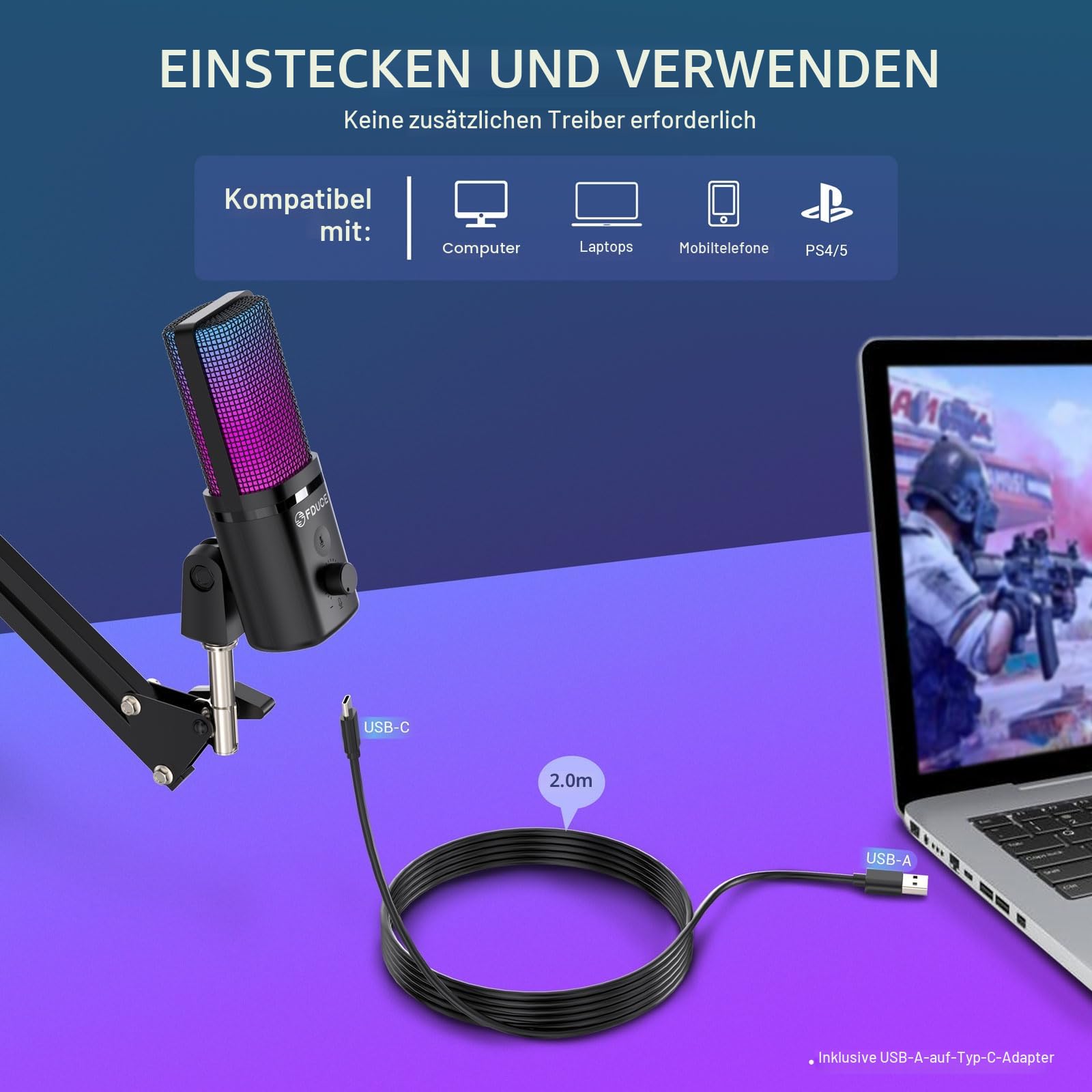 FDUCE M160 USB Gaming Mikrofon Set für PC,RGB Kondensator Podcasting Mikrofon mit Monitor Buchse,schnelle Stummschaltung,Verstärkungsregelung,Pop-Filter,Mikrofonarm für Streaming, Podcasting, Gaming