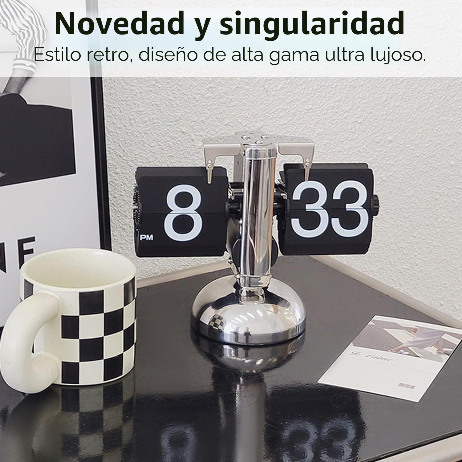 Reloj retro con tapa y tapa, reloj de escritorio digital, funciona con pilas, minimalista, con una sola base, reloj de escritorio mecánico para el hogar, salón (negro)