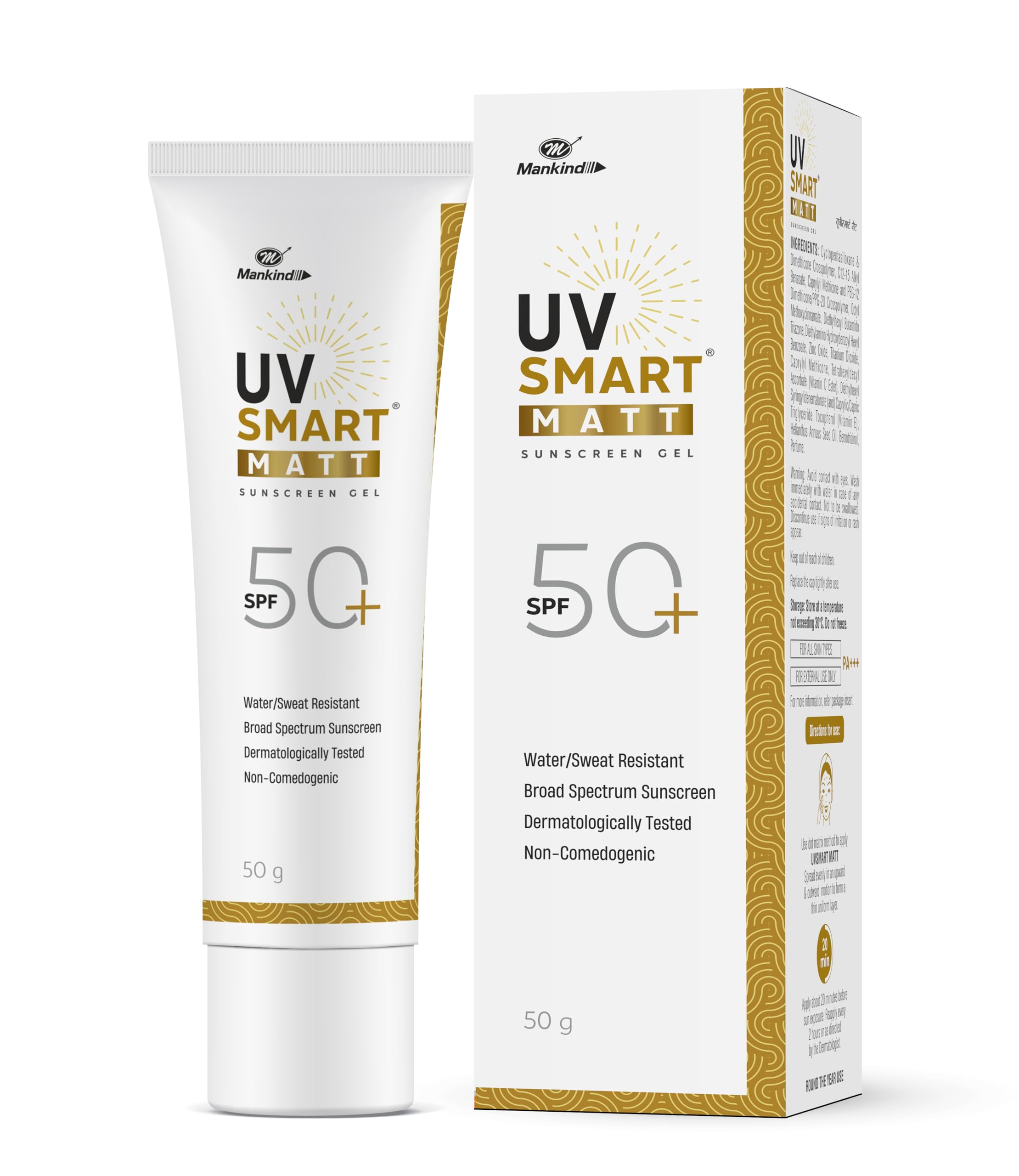 Mankind UVSmart Matt Sunscreen with UVA Broad Spectrum protection | No white cast | Water Resistant | Lightweight | For all Skin types | Mineral Sunscreen | Matt Finish | SPF 40 | PA+++ | 50g