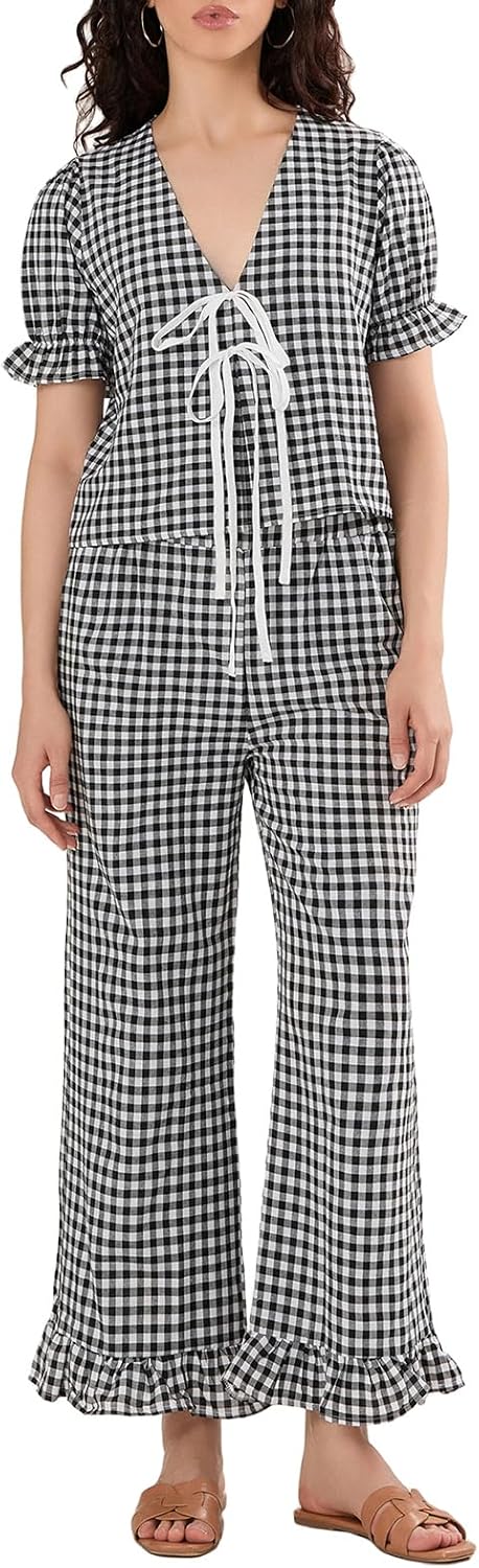 Argeousgor Women Plaid 2 Piece Pajama Set Tie Front Puff Sleeve Babydoll Shirt Gingham Pants Pj Lounge Set Sleepwear - Image 4