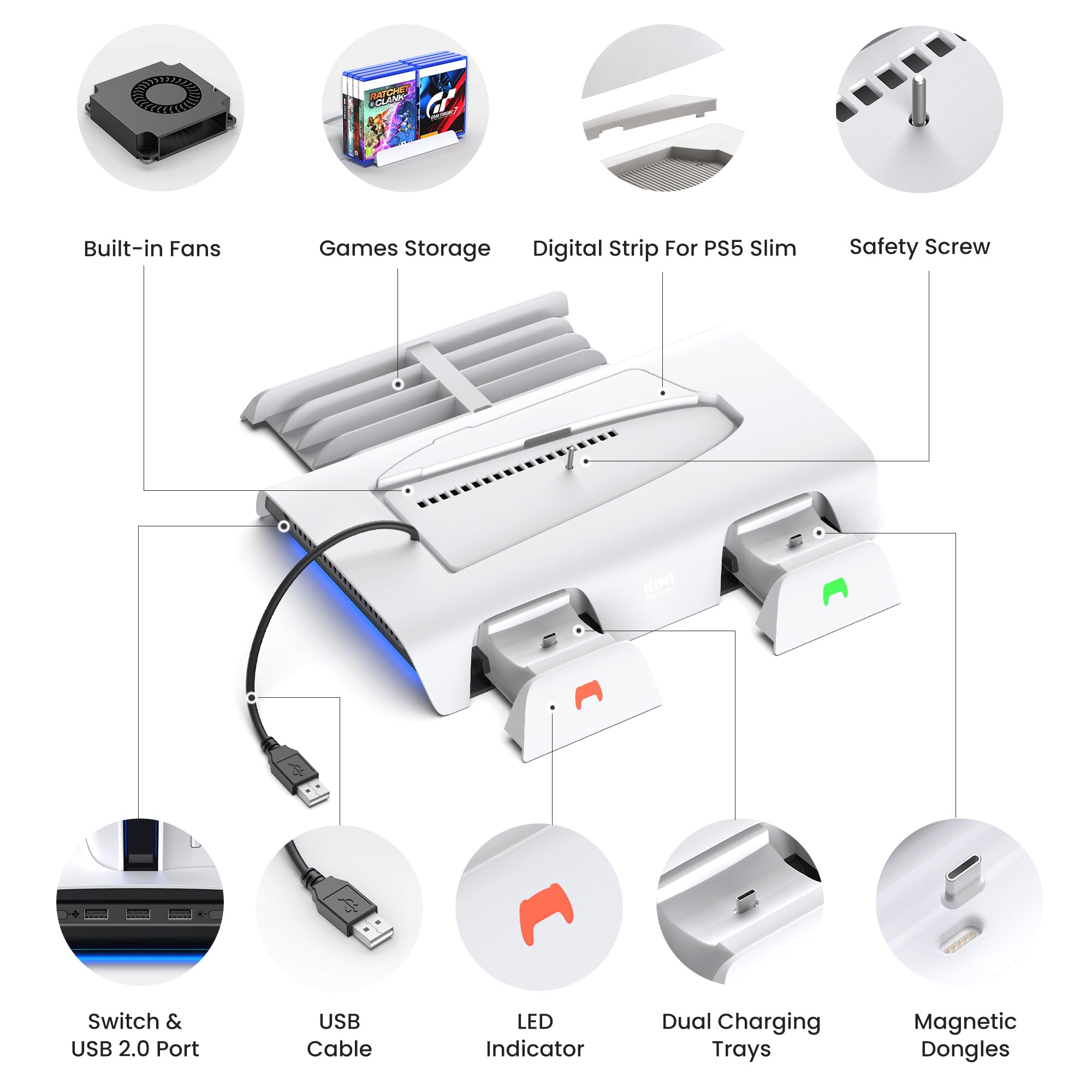 KIWI design D3 Supporto di Raffreddamento e Stazione di Carica PS5 Slim con Controller RGB, Ventola a 2 Livelli