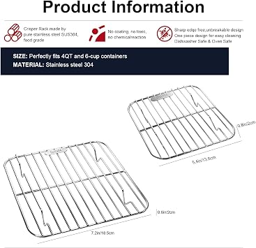 2 Pack Air Fryer Rack for Ninja Crispi FN101, Stainless Steel Crisper Rack Replacement for Ninja Crispi Accessories, Food Grade SUS304 Wire Rack Dishwasher Safe, Fits 4QT & 6 Cup Glass Container