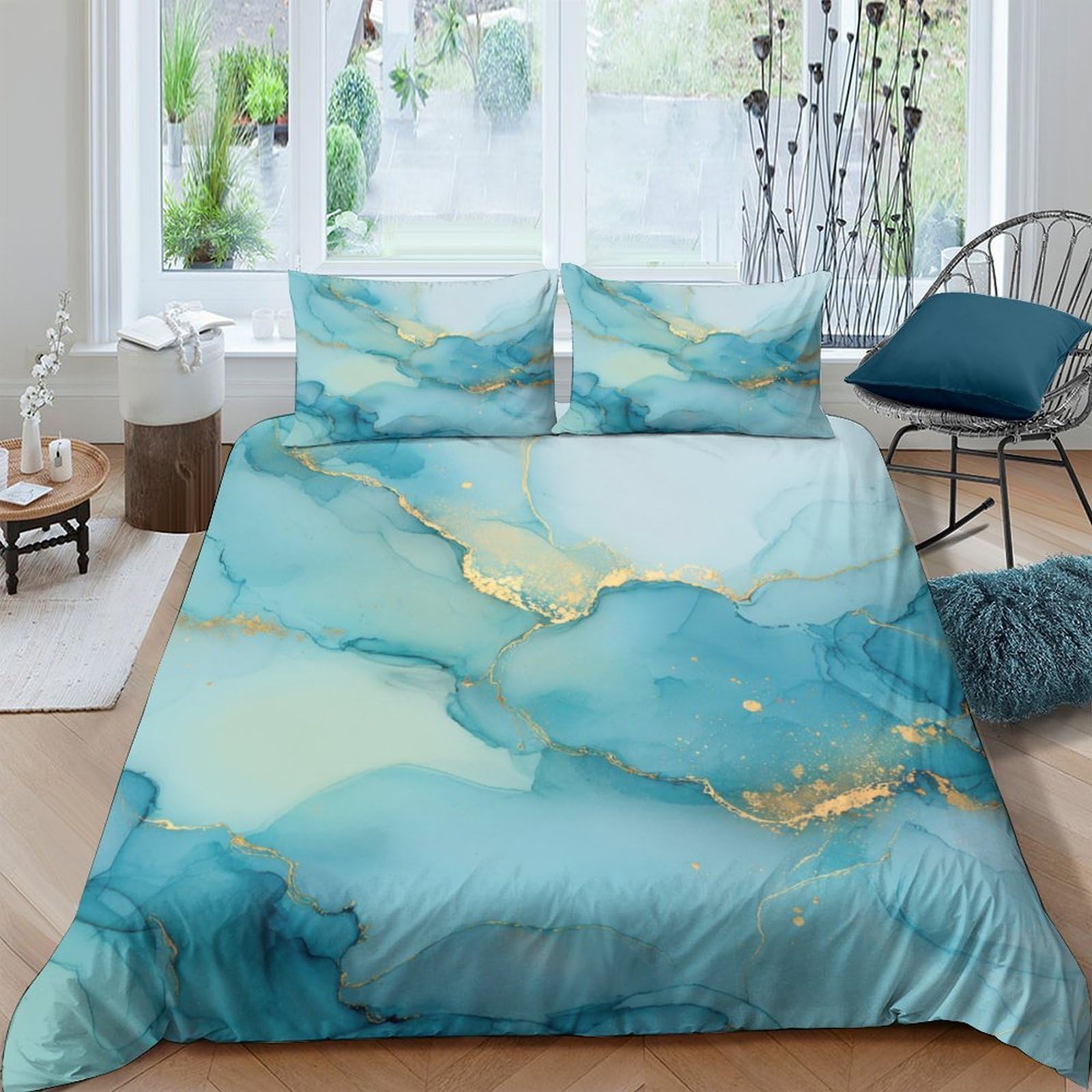 Ctjqhvkz Style-1 3D Printed Aqua Watercolor Fitted Sheet Microfiber Soft Blue Gold Marble Bed Cover For Bedroom Guest Room Decor Mattress Protection Single（135X200cm）