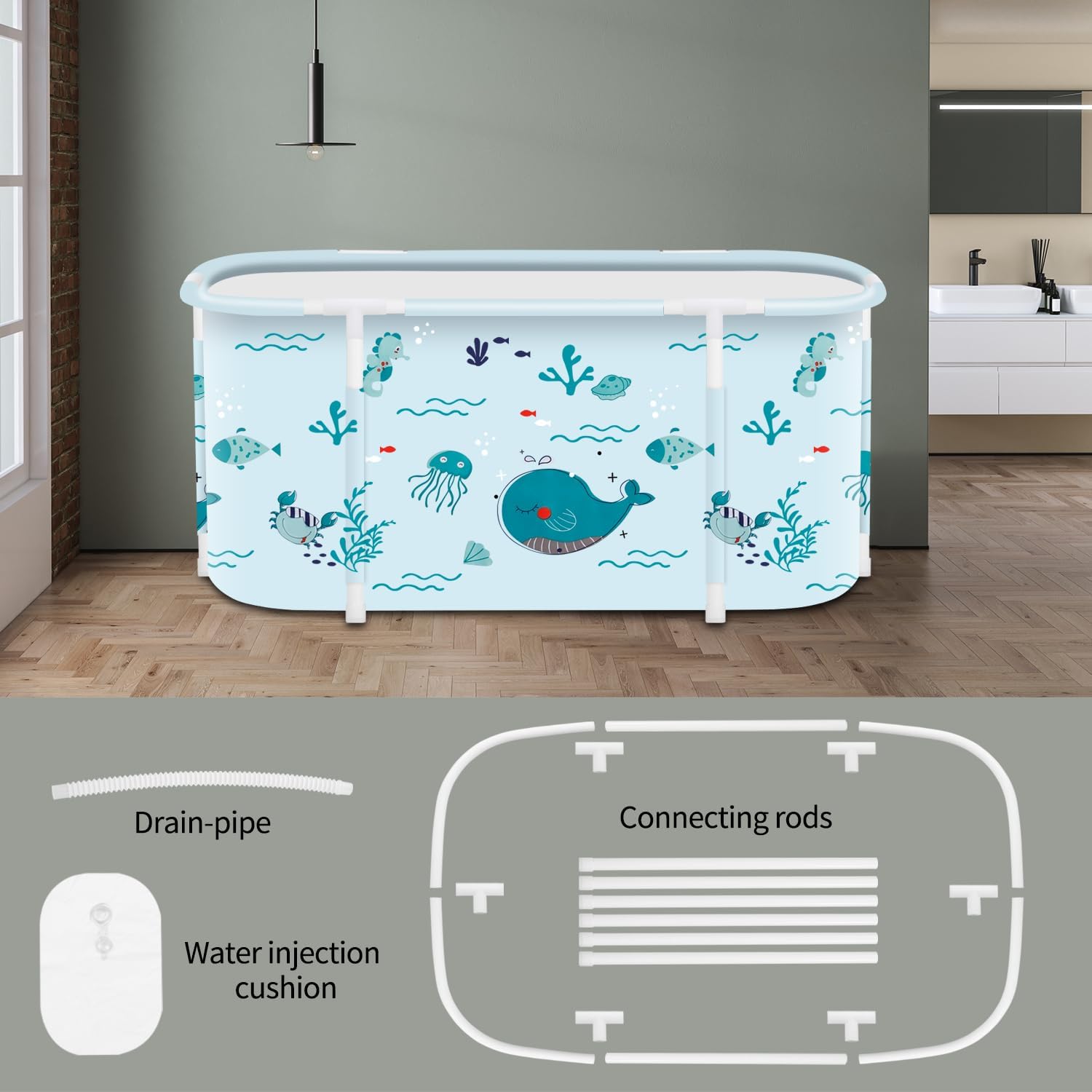Portable Foldable Bathtub,Foldable Soaking Bathtub for Adults, Freestanding Bathtubs, Hot Bath Tub, Ice Bath, Family Bathroom SPA Tub 47.2x19.7x21.7inch (Fish)