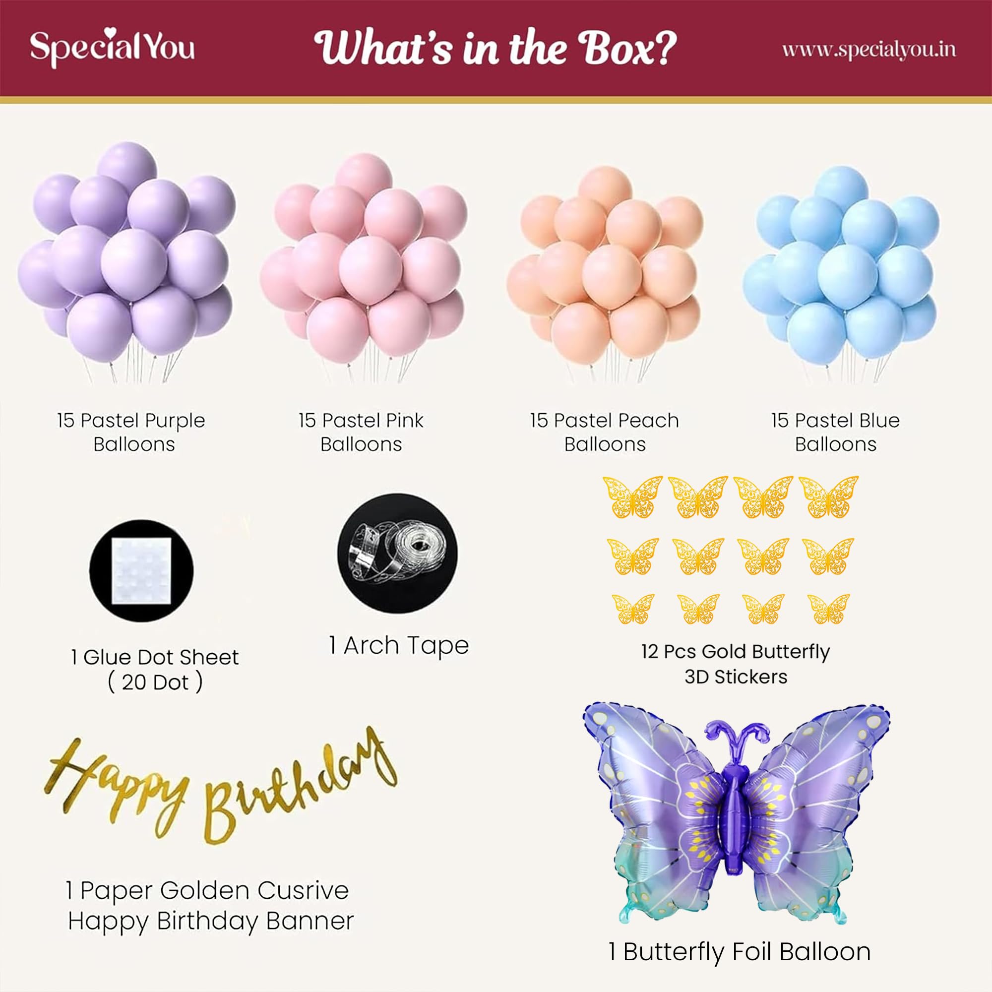 SpecialYou.in 76Pcs Birthday Party Decorations with Pastel Pink, Peach, Blue & Purple Balloons for Decor, Wall Stickers, Butterfly Decoration Items, Butterfly Foil Balloon