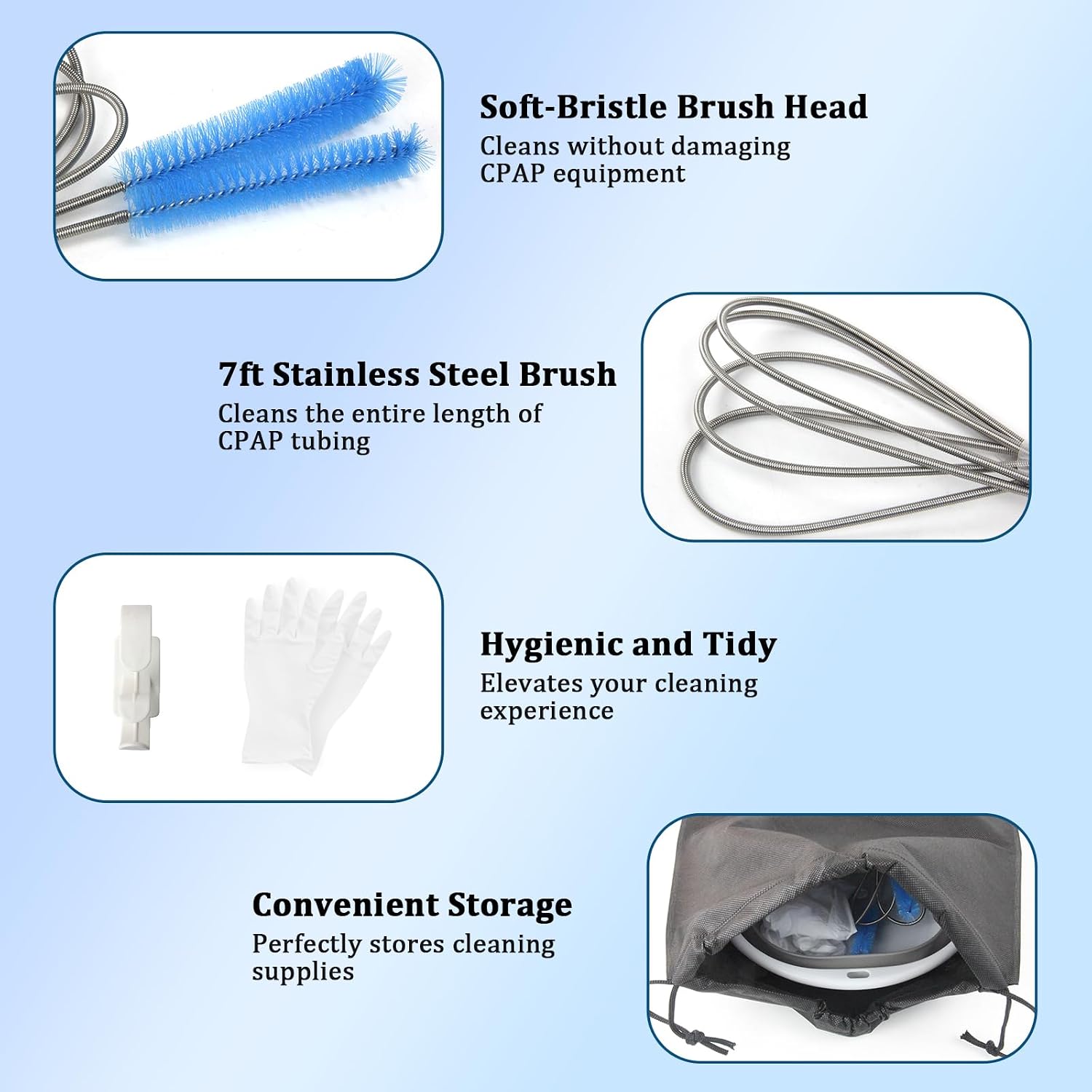 CPAP Cleaning Kit, 7-Foot Steel Wire Double-Ended CPAP Tube Cleaning Brush, Includes Foldable Basin, Gloves, Hook and Storage Bag, for Hoses Cleaner with Diameters of 15-22 mm (Blue) image 3