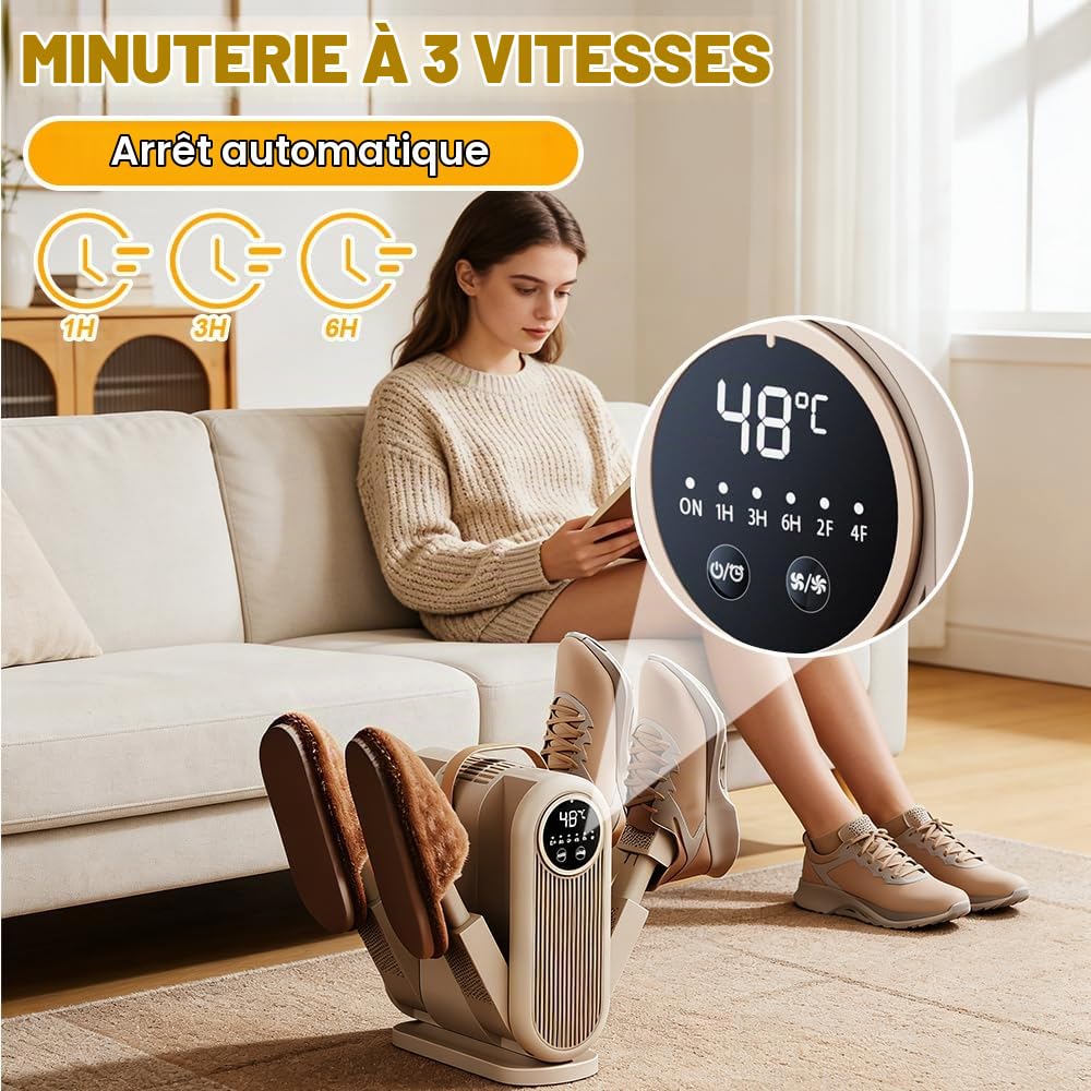 Seche Chaussure Électrique, Sèche-Gants, Chauffage à Température Constante de 48 °C, Minuterie à Trois Vitesses, Antibactérien, Séchage Rapide pour Sécher Les Chaussures, Bottes, Gants et Chaussettes