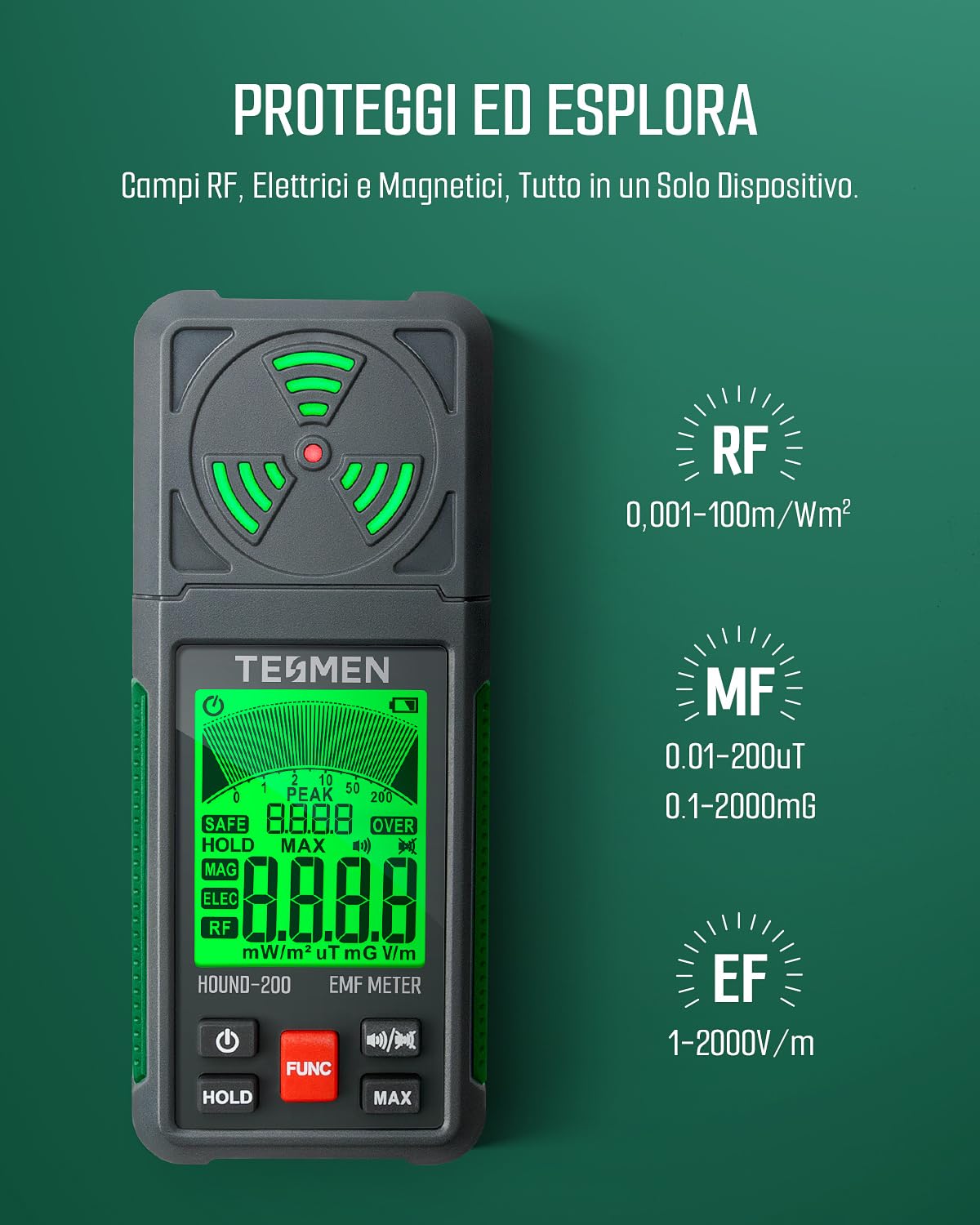 TESMEN Hound-200 Misuratore EMF, Rilevatore di Radiazioni del Campo Elettromagnetico Portatile 3-in-1 per EF RF MF, utilizzato per ispezioni EMF domestiche ed esterne e caccia ai fantasmi - Verde