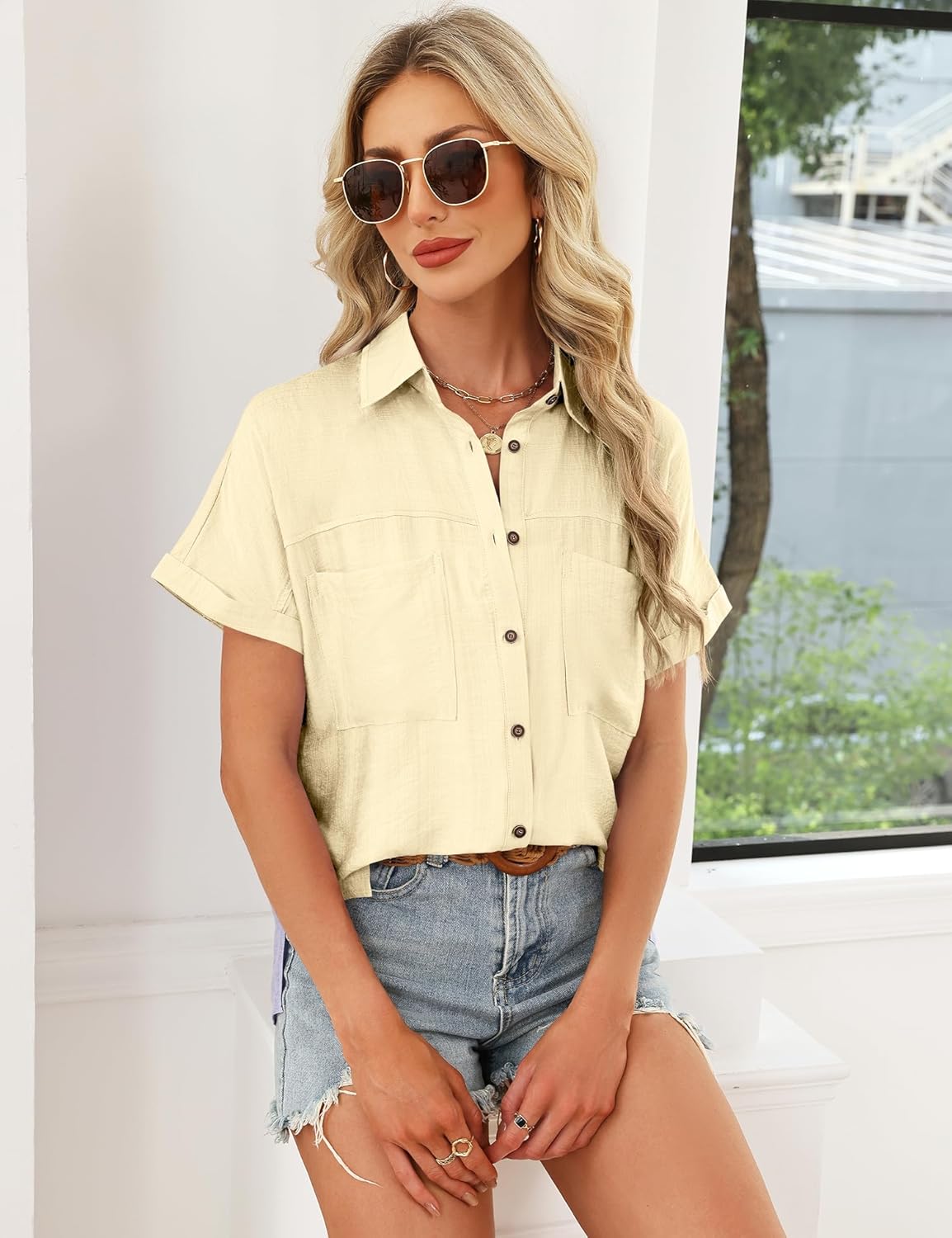 Button Down Shirt for Women Short Sleeve Blouses Dressy Casual Business Work Summer Vacation Tops Hawaii Shirts with Pockets - Image 4