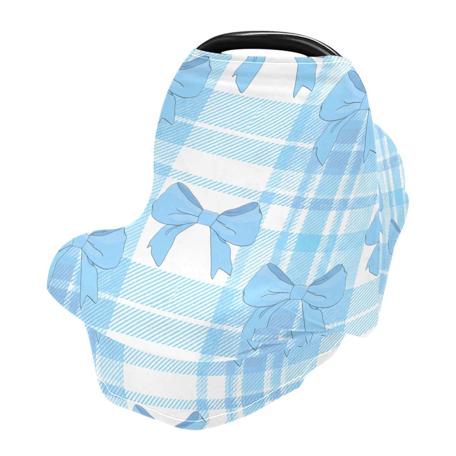 Bulletgxll Blue Bow Plaid Car Seat Covers for Babies Breathable Nursing Breastfeeding Cover Multi-Use Infant Carseat Canopy and Stroller Cover for Boys Girls