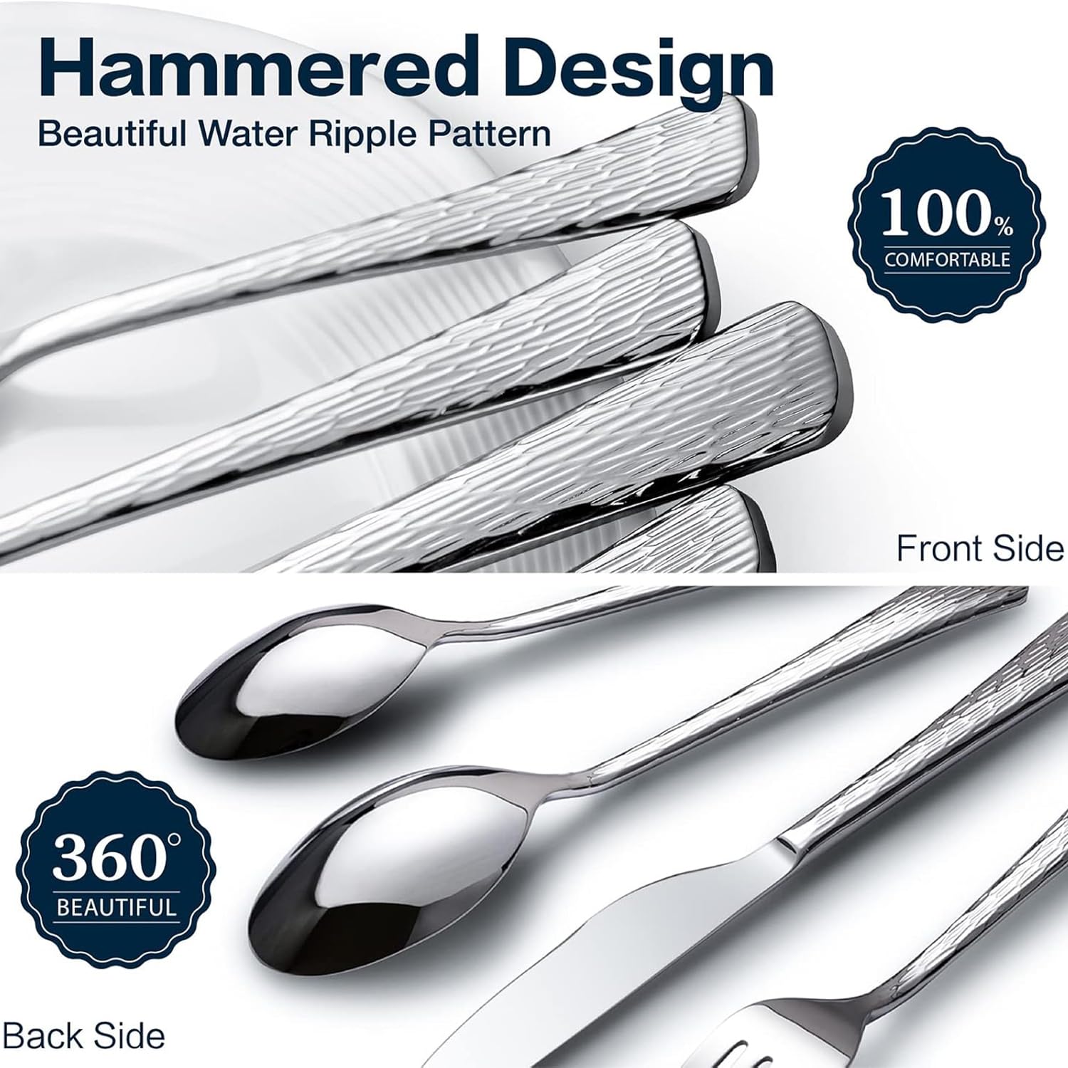 HIKAA Besteck Set 12 Personen, 60-Teiliges Gehämmert Essbesteck, 18/10 Premium Edelstahl Besteckset mit Einzigartigem Wellenmuster-Design, Cutlery Set Hochglanzpoliert – Spülmaschinenfest (Silber)