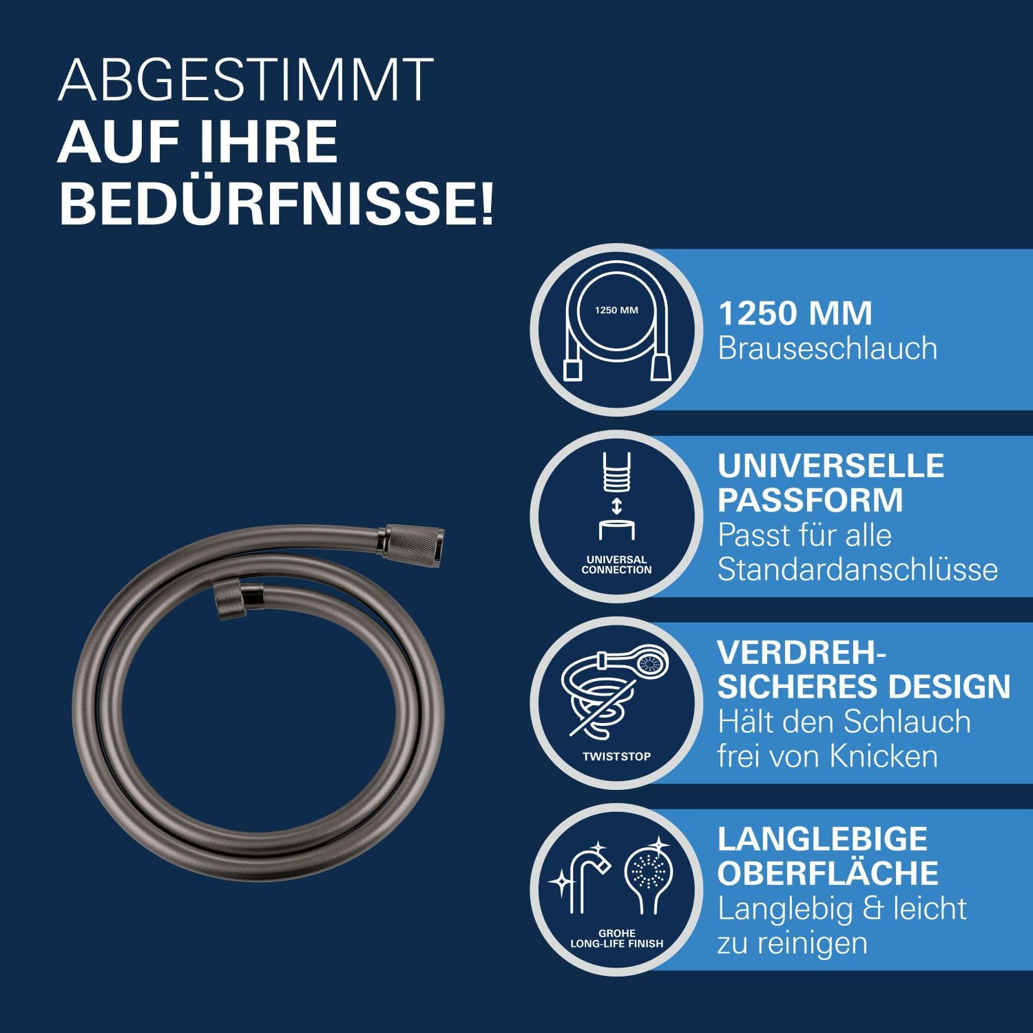 GROHE Silverflex, knickfester Duschschlauch, anthrazit, 1,25m (robuster Brauseschlauch, druckbeständig, universaler Anschluss, keine Dichtungsringe notwendig), hard graphite, grau, 28362A01