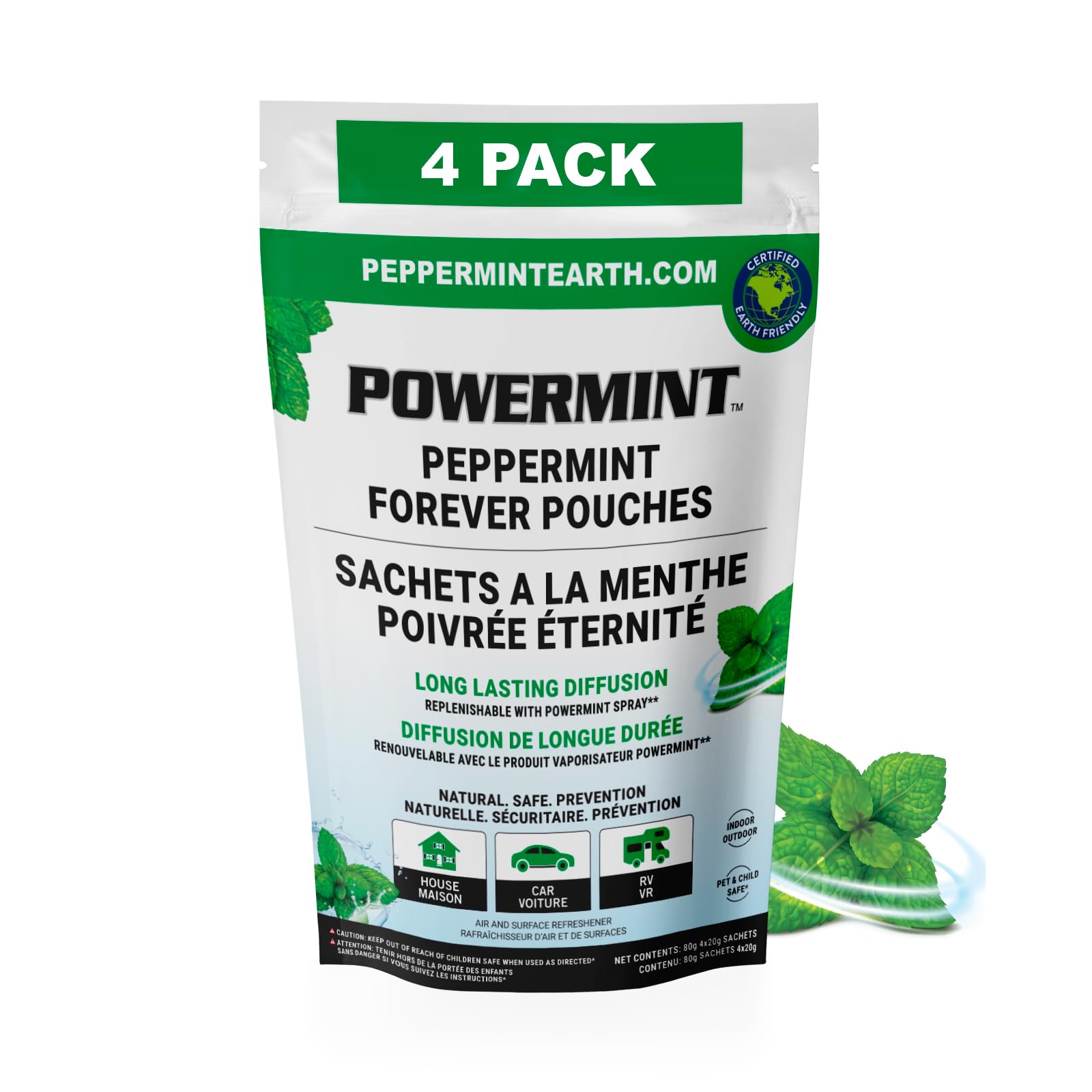POWERMINT Peppermint Forever Pouches for Home, Farm and Vehicle. Premium Quality. 4-PACK